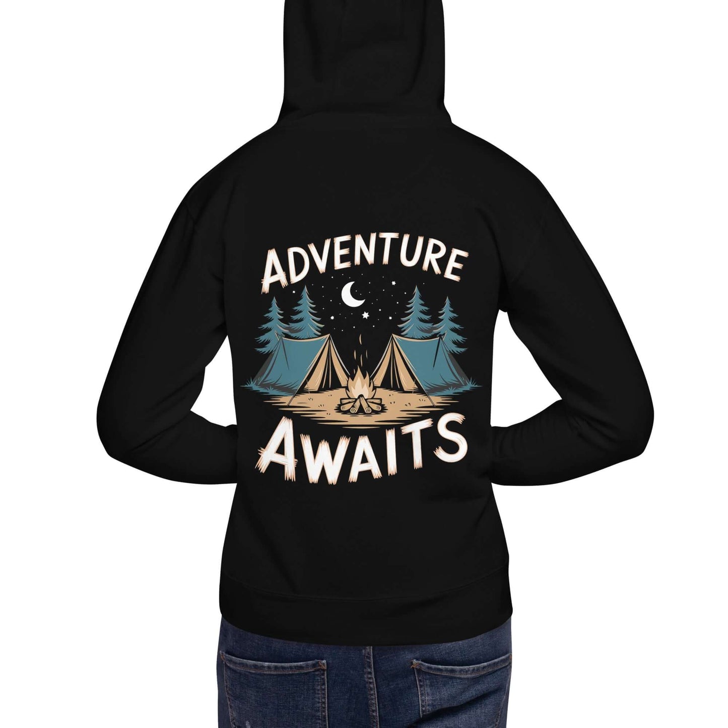 Black unisex hoodie with 'Adventure Awaits' graphic, featuring tents and trees, perfect for outdoor enthusiasts.