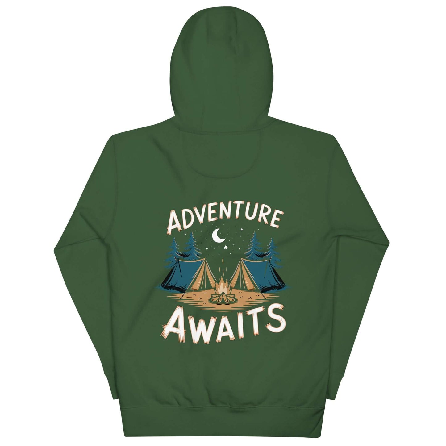 Adult unisex hoodie with 'Adventure Awaits' design featuring tents and nature, perfect for hikes and chilly evenings.