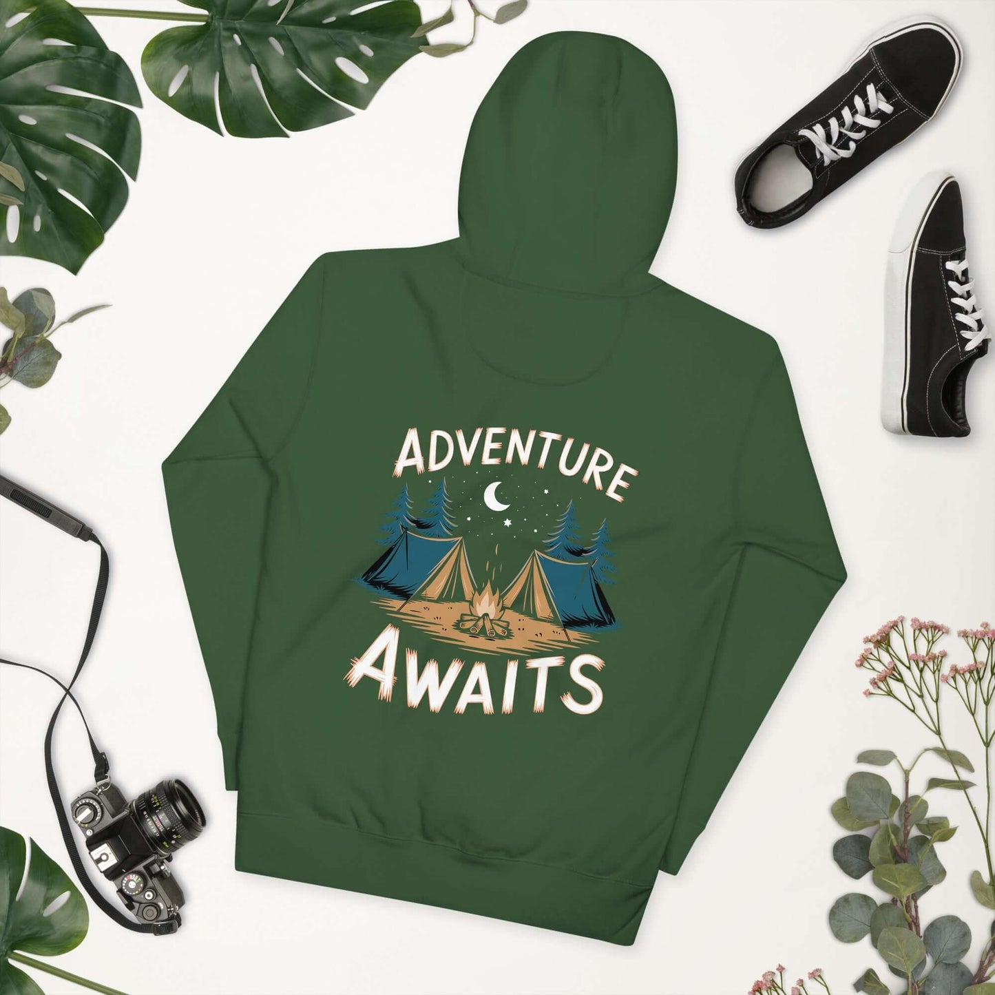 Adult unisex hoodie in green with 'Adventure Awaits' design featuring camping tents and a moon.