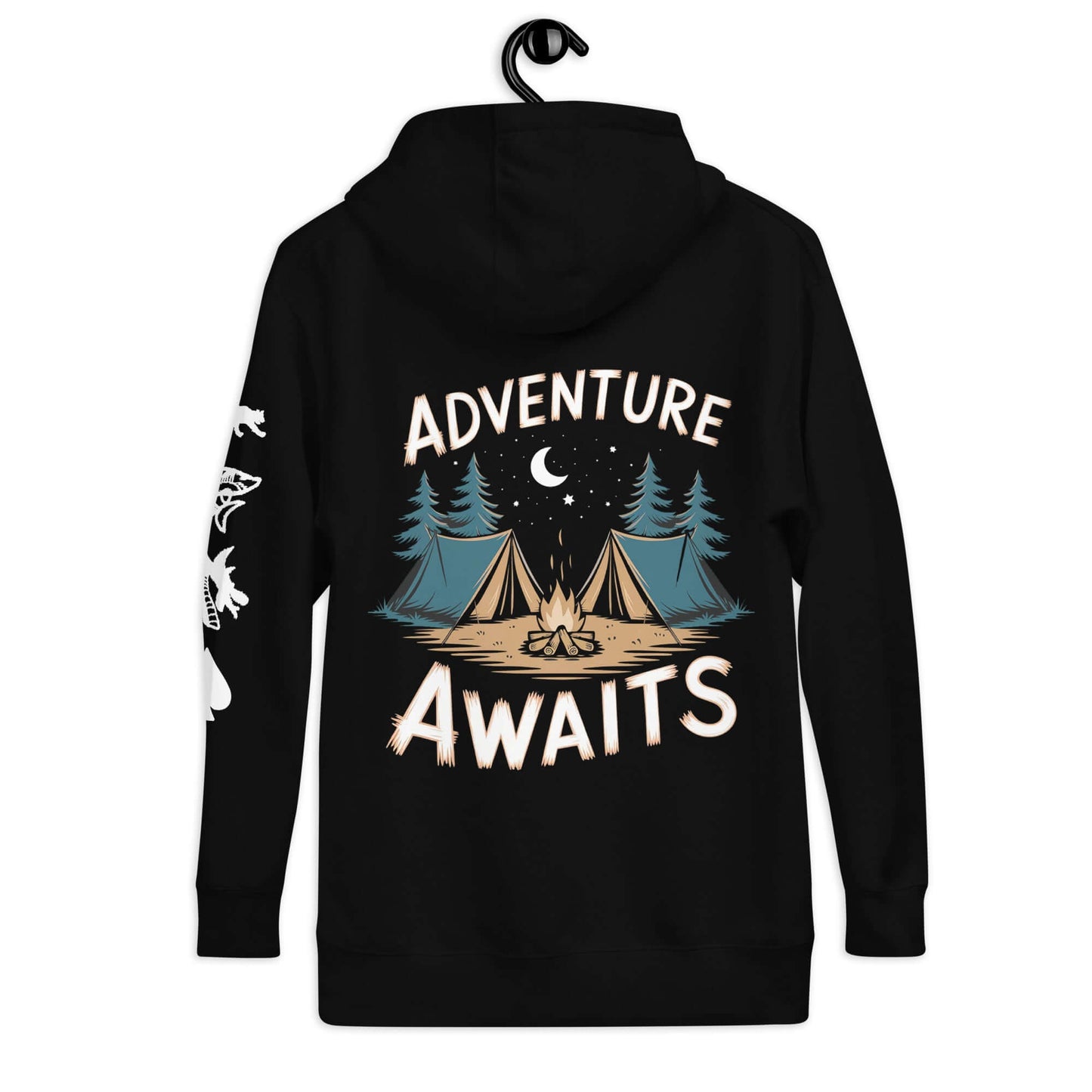 Black unisex hoodie with 'Adventure Awaits' design, featuring camping tents and trees, perfect for outdoor enthusiasts.