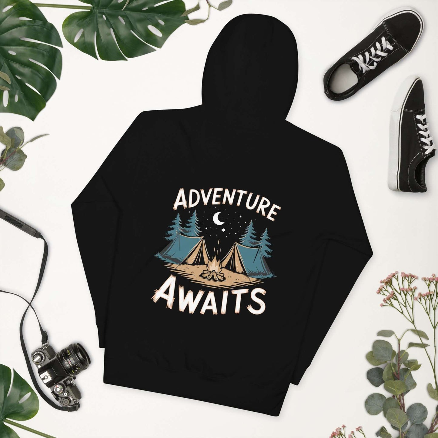 Adult unisex hiking hoodie featuring 'Adventure Awaits' design with tents and trees, perfect for outdoor enthusiasts.