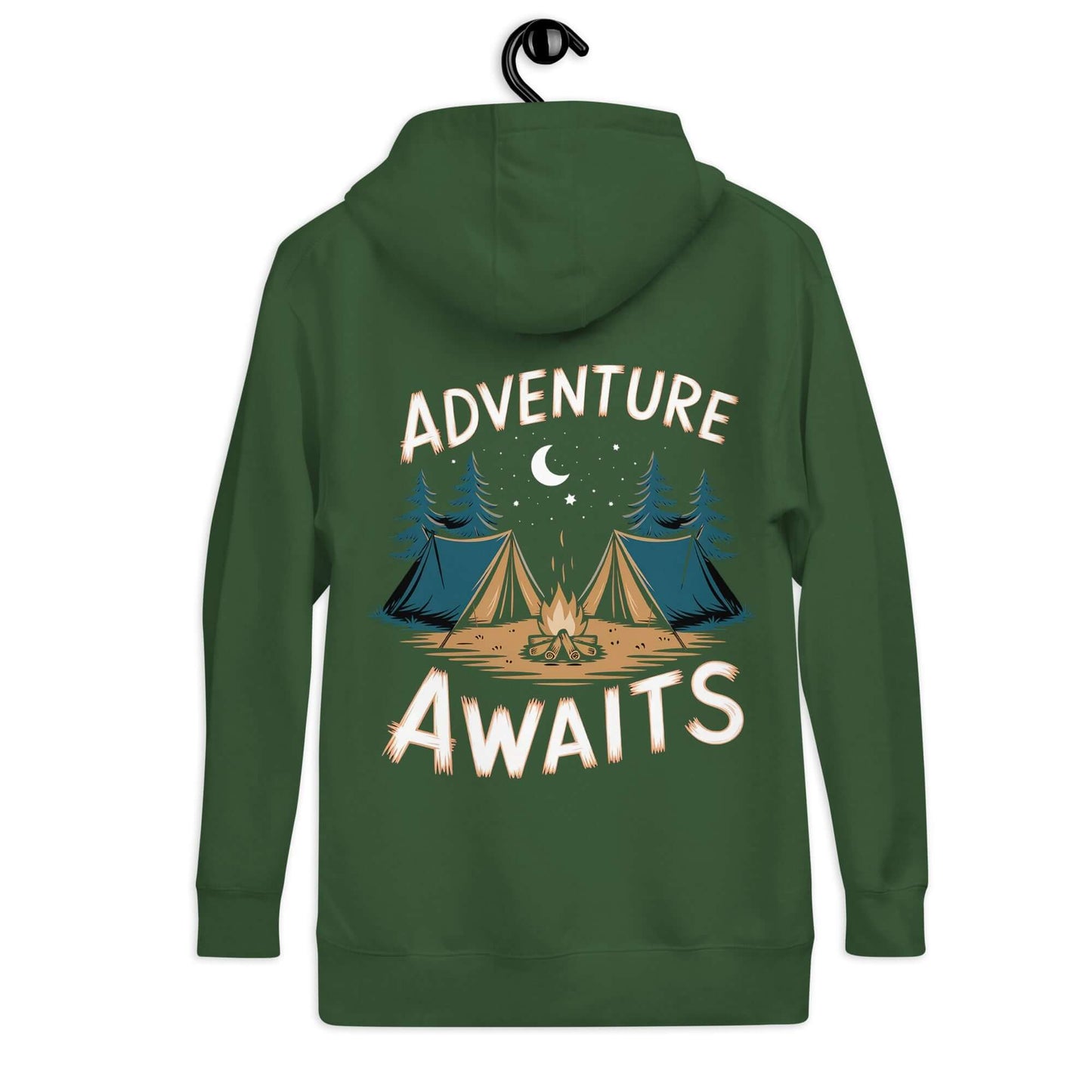 Adult Unisex Hoodie featuring 'Adventure Awaits' design with tents, perfect for camping and Troop 262 members.