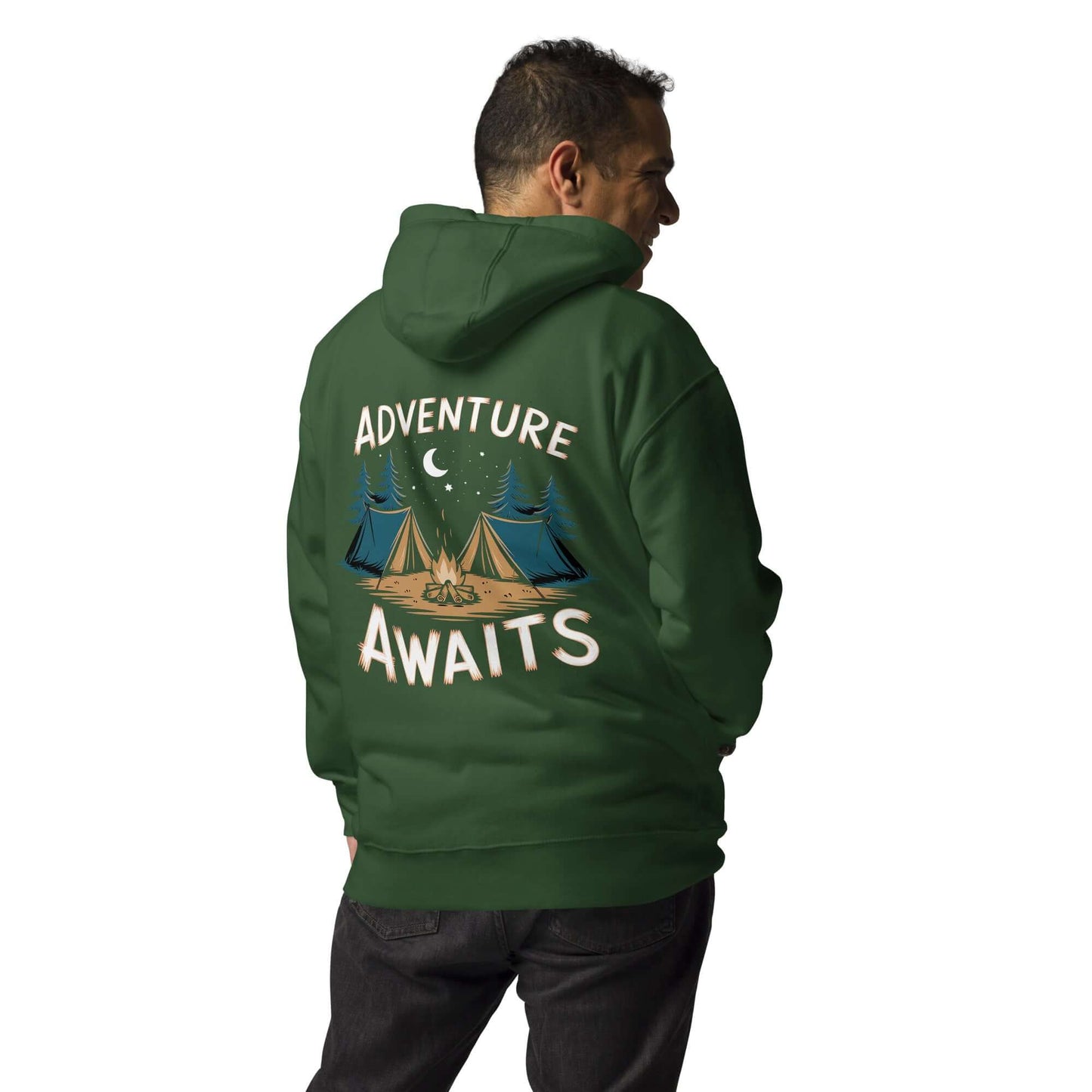 Adult Unisex Hoodie - ASM - Hiking Standard Edition featuring 'Adventure Awaits' design on back.