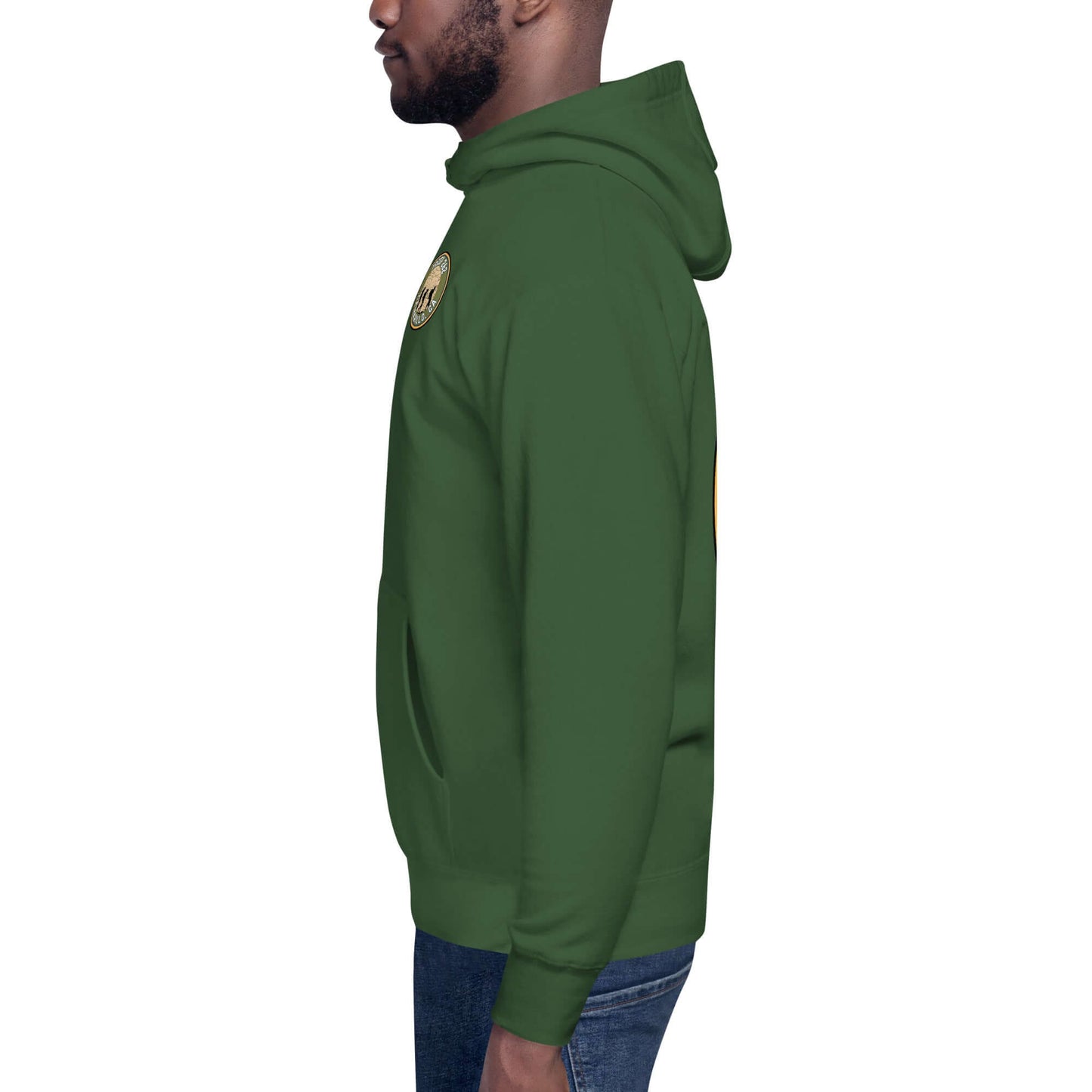Side view of a green adult unisex hoodie, Assistant Scout Master Edition, featuring a stylish design for outdoor activities.