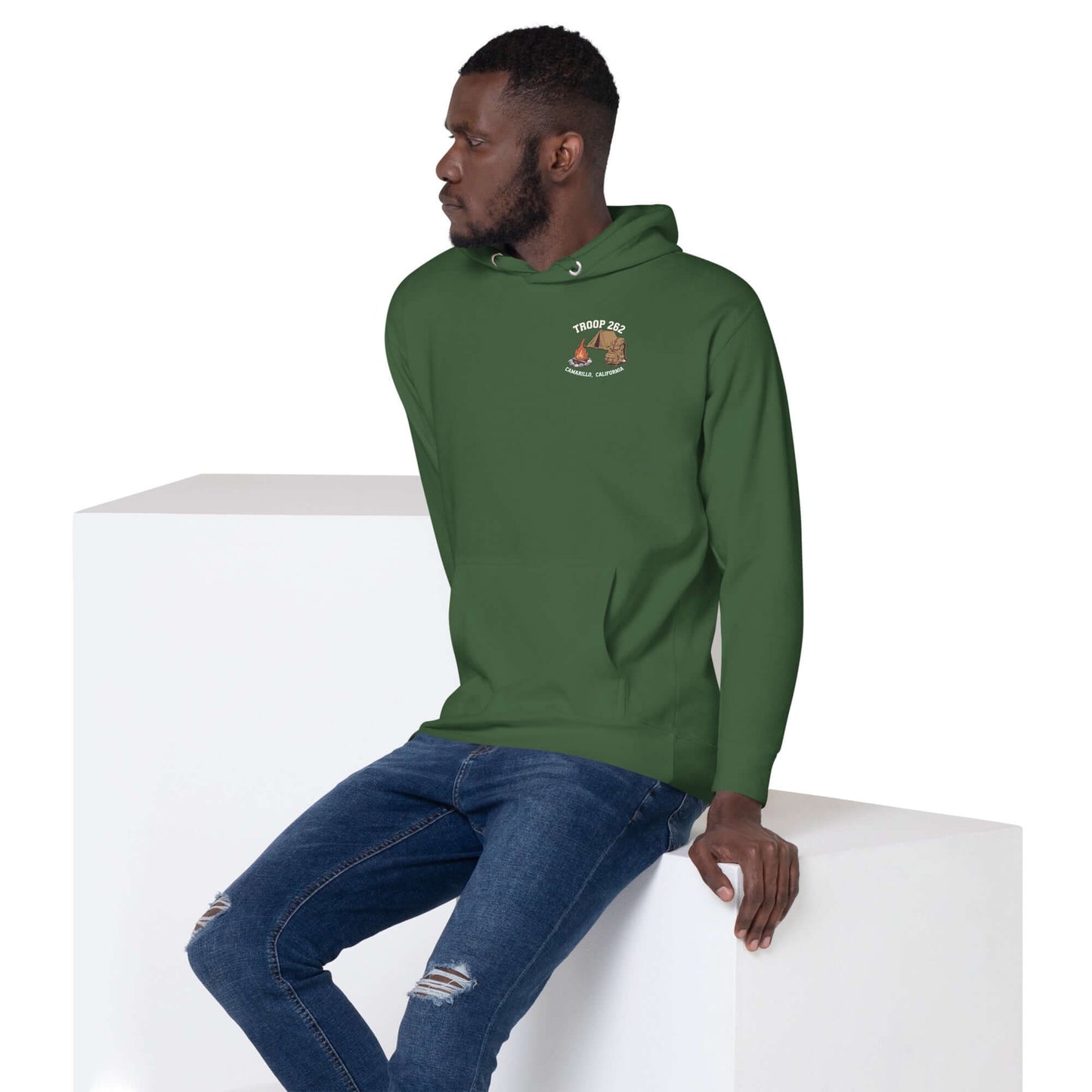 Adult Unisex Hoodie - ASM - Camping Standard Edition worn by a man, featuring Troop 262 design in green.