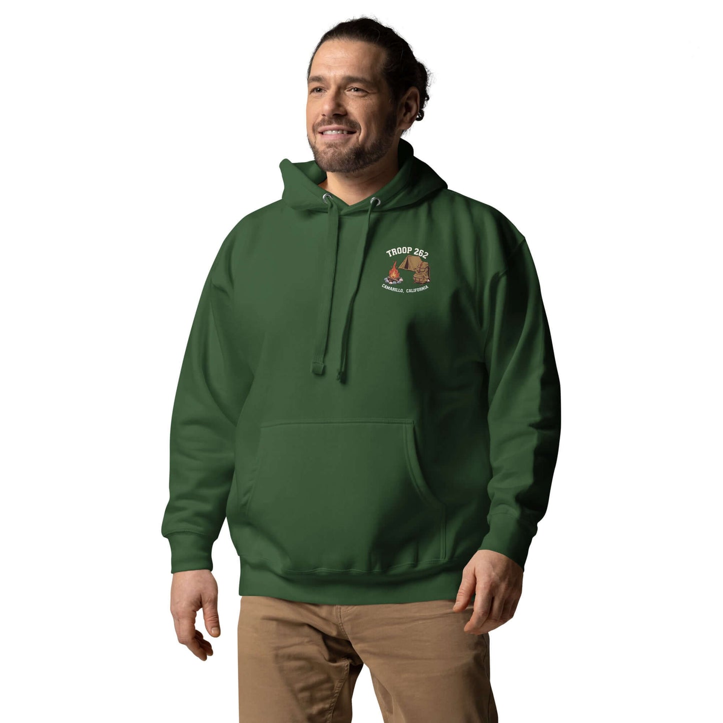 Adult unisex hoodie in green, featuring Troop 262 logo, perfect for Assistant Scout Masters and camping enthusiasts.