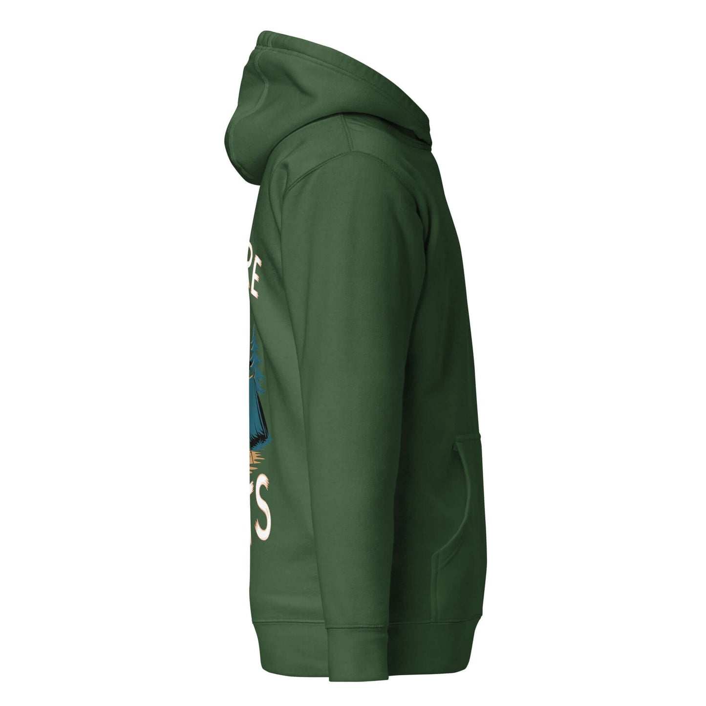 Side view of Adult Unisex Hoodie - ASM - Camping Ultimate Edition in green, perfect for outdoor adventures.