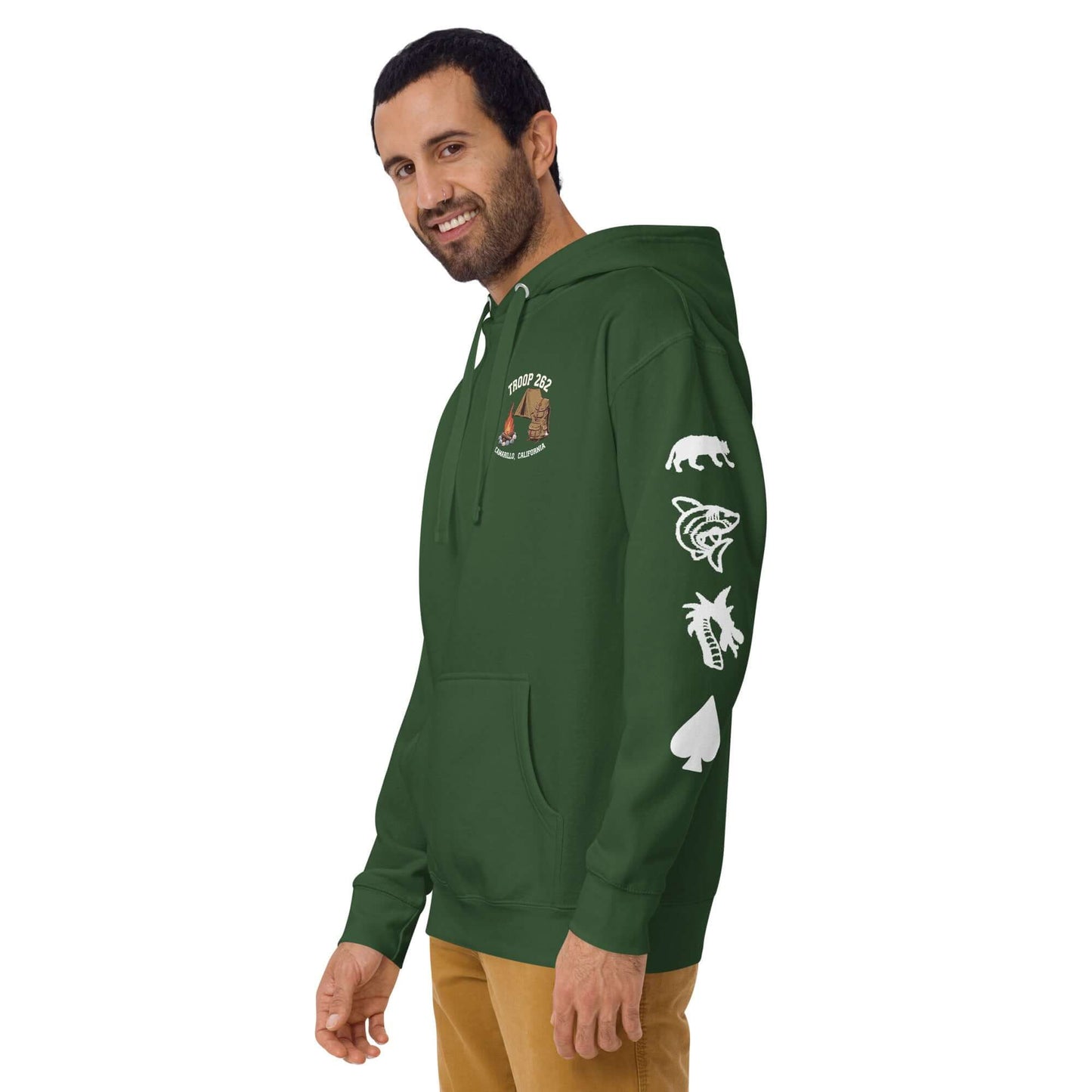 Adult unisex hoodie in green featuring outdoor designs, perfect for camping and outdoor adventures.