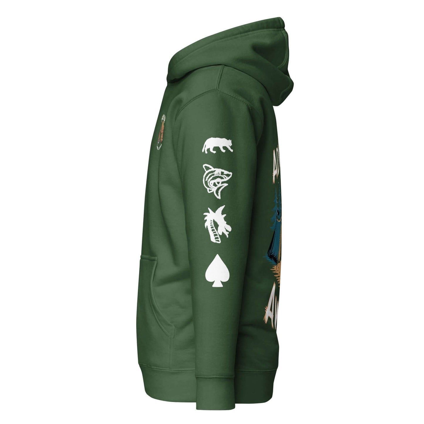 Adult unisex hoodie in green with outdoor-themed graphics, designed for comfort and style, ideal for camping adventures.