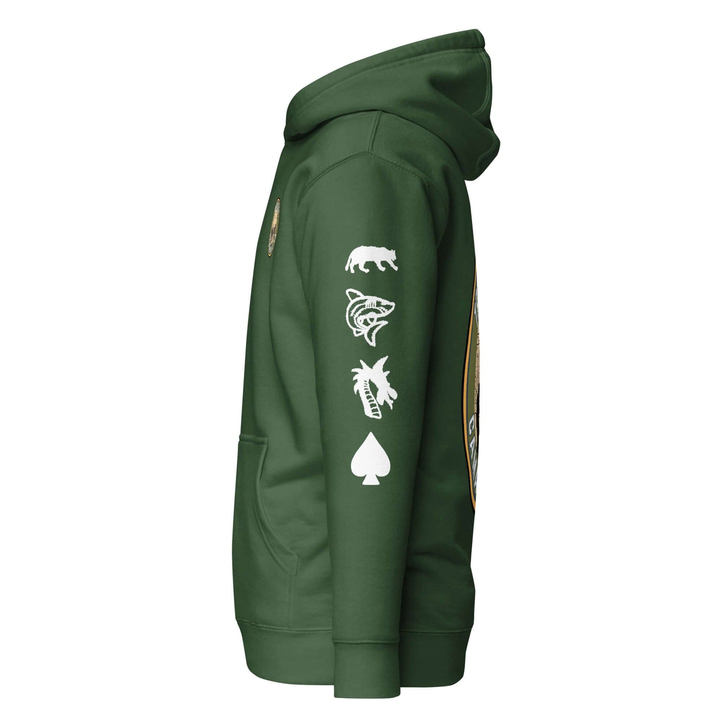 Side view of the green Adult Unisex Hoodie - ASM featuring unique outdoor-themed designs and a classic streetwear style.