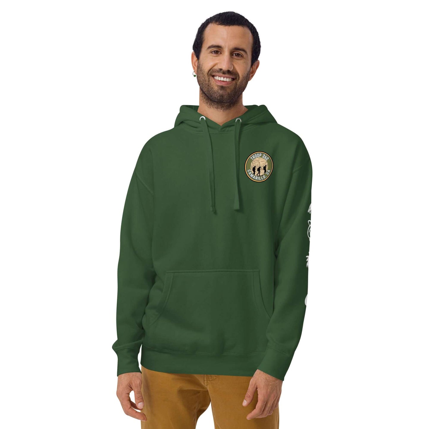 Man wearing green unisex hoodie with hiking design and front pouch pocket, perfect for outdoor adventures.