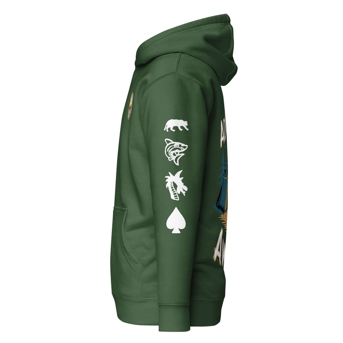 Side view of Adult Unisex Hoodie ASM - Hiking Ultimate Edition in green, featuring unique graphic designs.