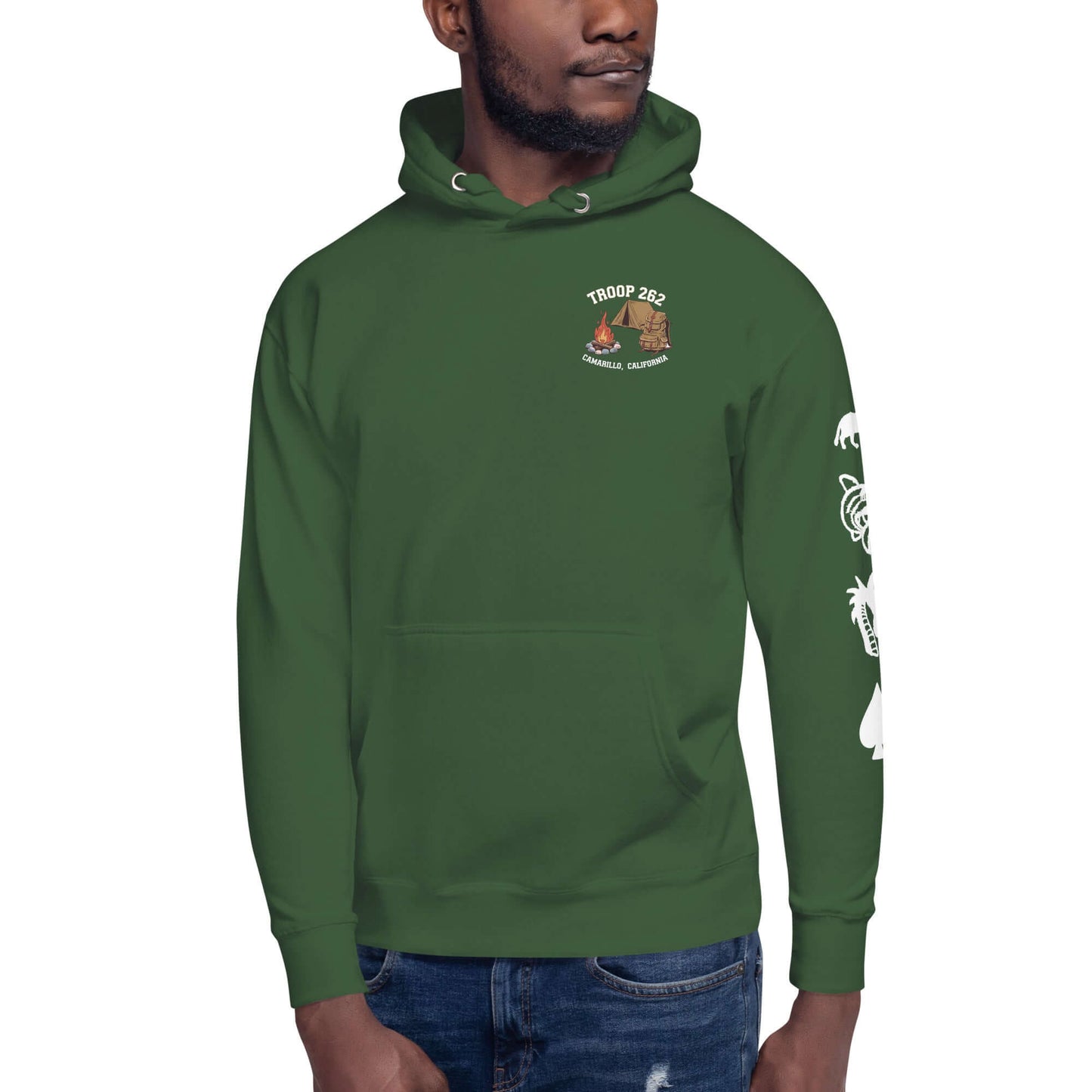 Adult unisex hoodie in green for Troop 262, featuring camping design, perfect for outdoor leaders.