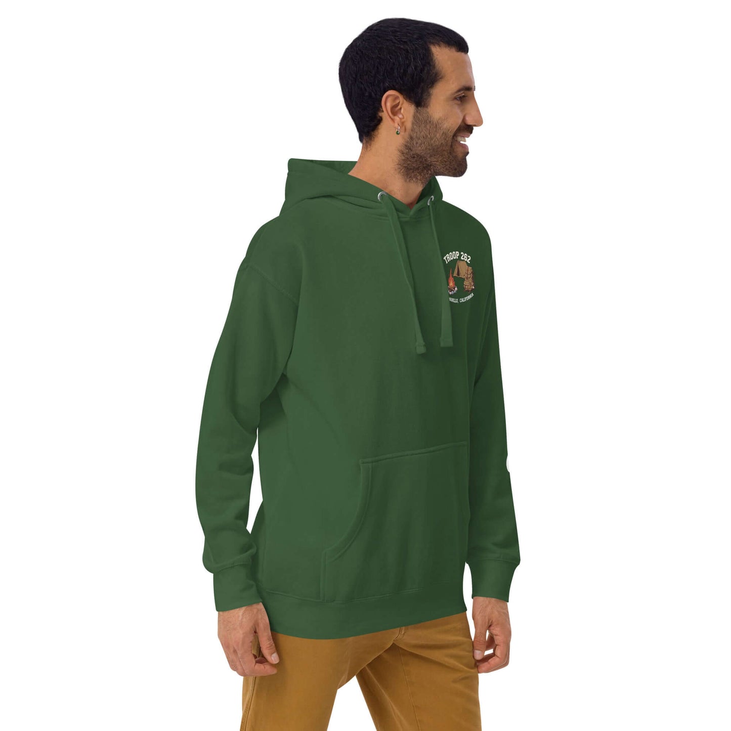Adult unisex hoodie in green for outdoor adventures, featuring Troop 262 Assistant Scout Master design.