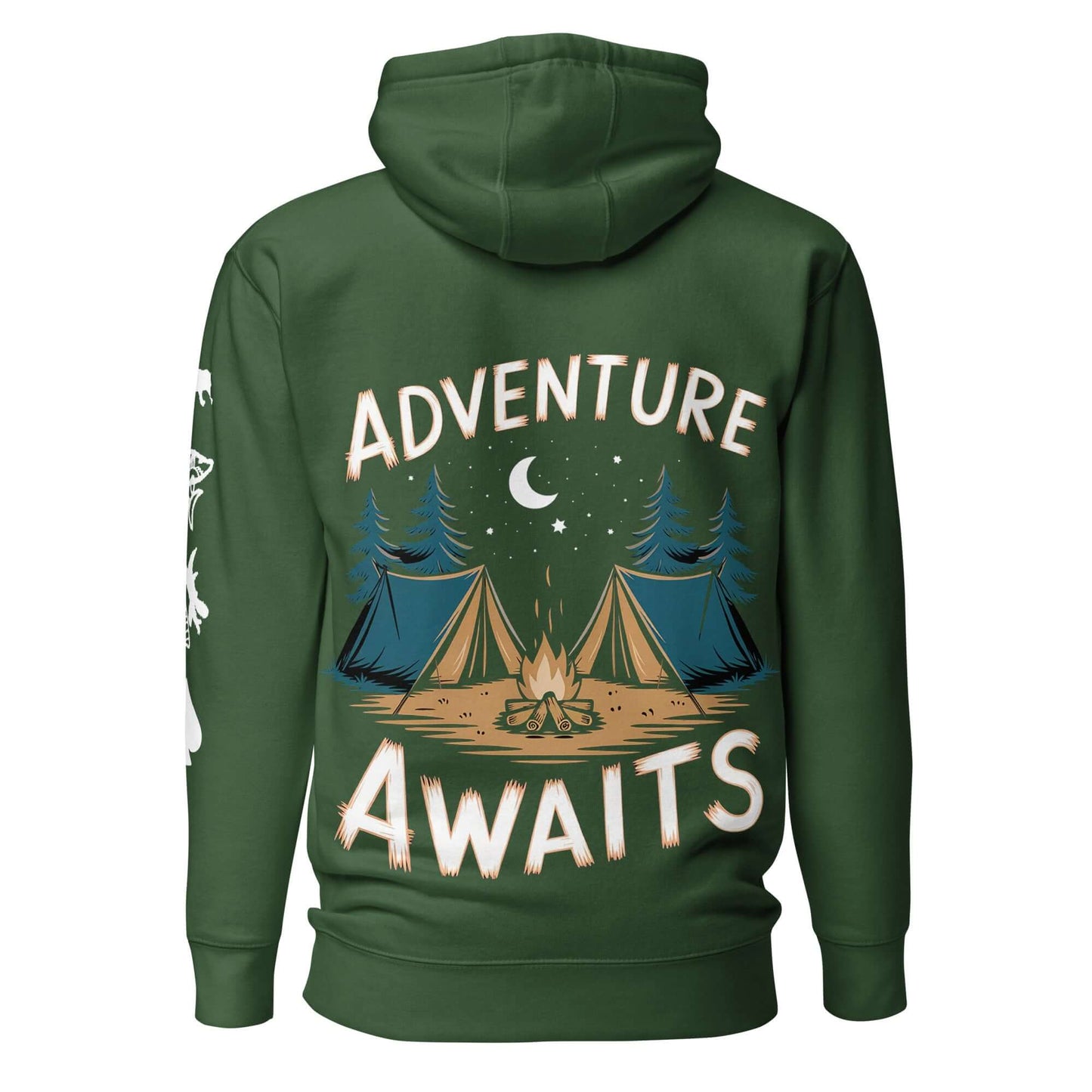 Adult unisex hoodie with 'Adventure Awaits' graphic, featuring tents and campfire design. Perfect for outdoor enthusiasts.