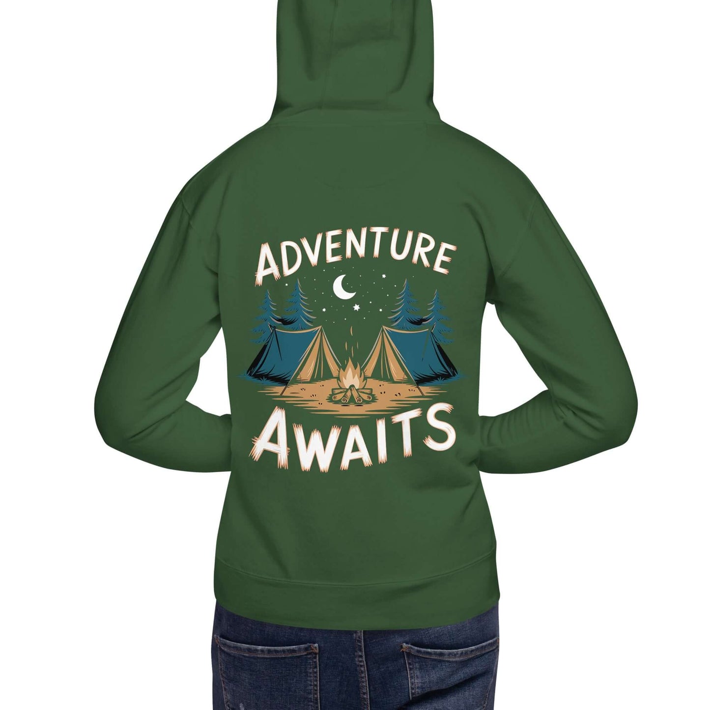 Adult unisex hoodie back view featuring 'Adventure Awaits' and camping design, perfect for outdoor enthusiasts.