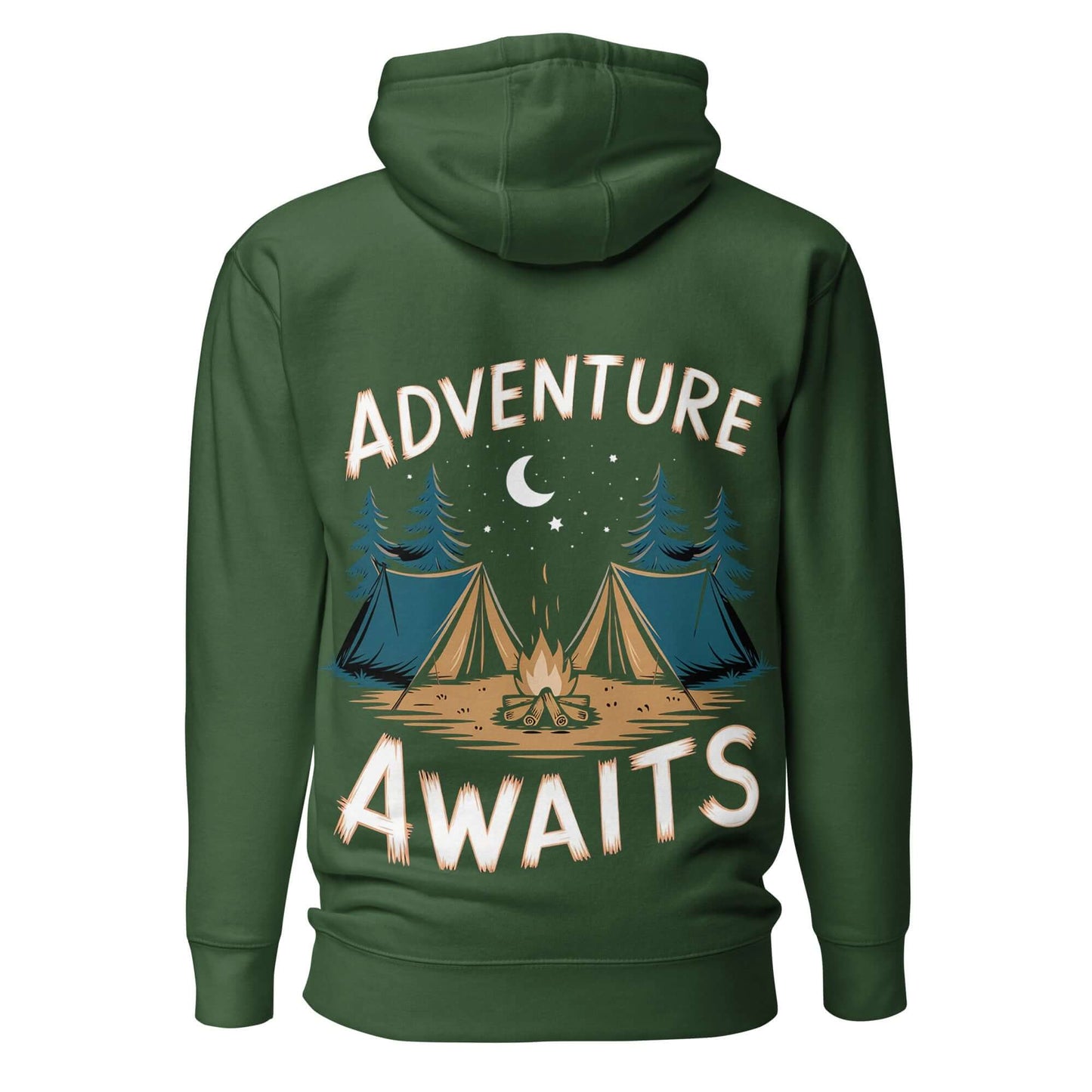Hiking themed adult unisex hoodie featuring 'Adventure Awaits' design with tents and trees.