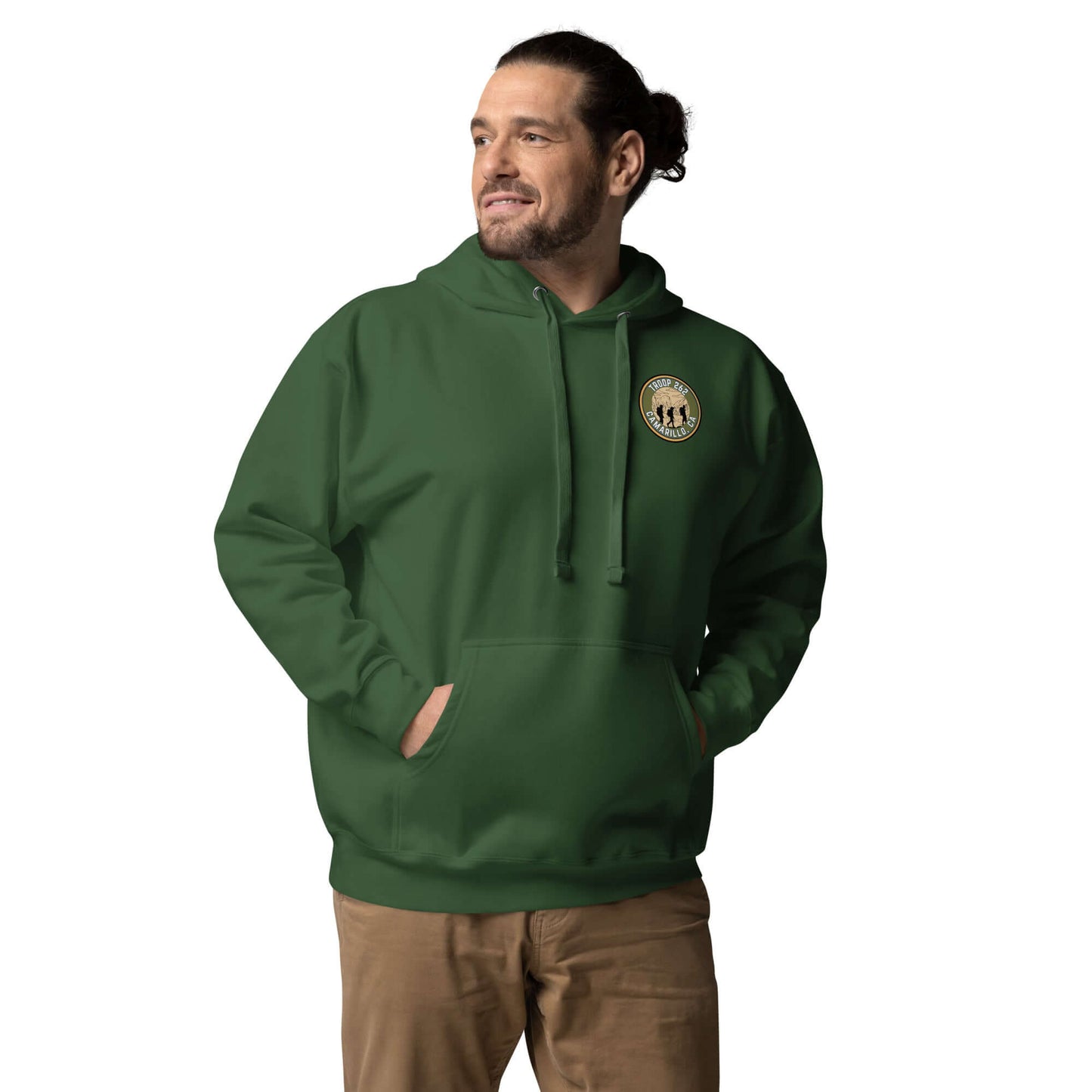 Adult unisex hoodie in forest green worn by a man, featuring Troop 262 logo, perfect for Assistant Scout Masters.