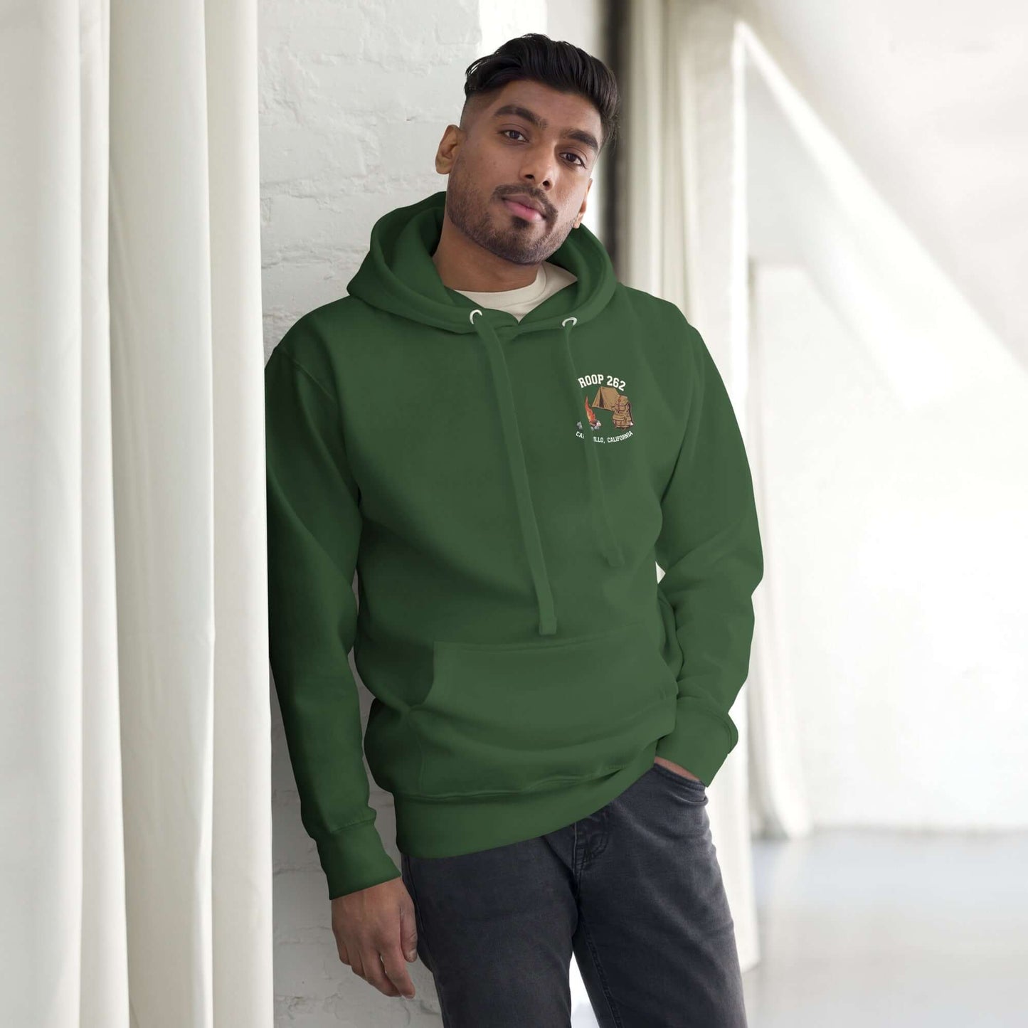 Adult Unisex Hoodie - ASM - Camping Standard Edition in dark green, worn by a man, showcasing Troop 262 pride.