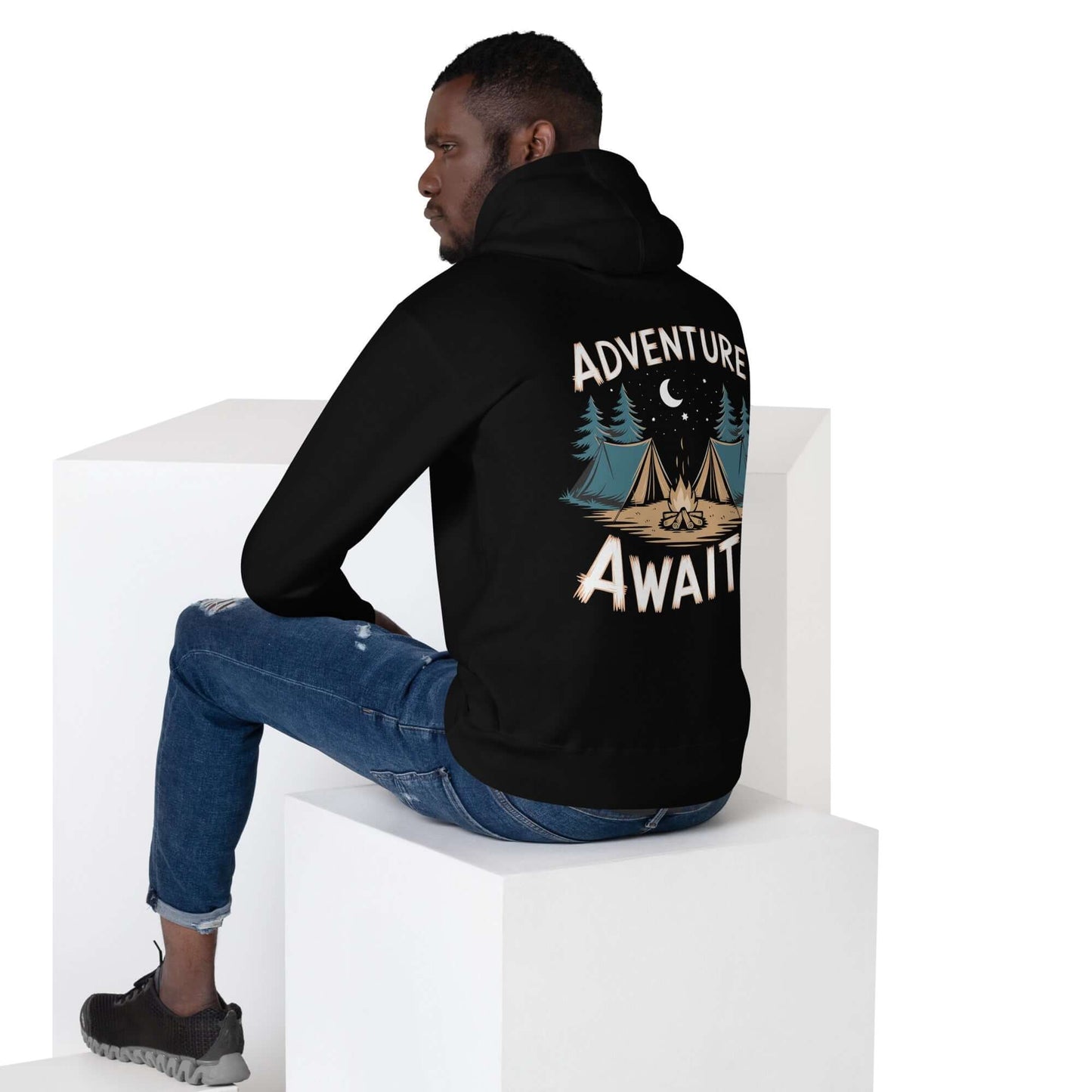 Adult unisex hoodie in black featuring 'Adventure Awaits' design, perfect for camping enthusiasts.