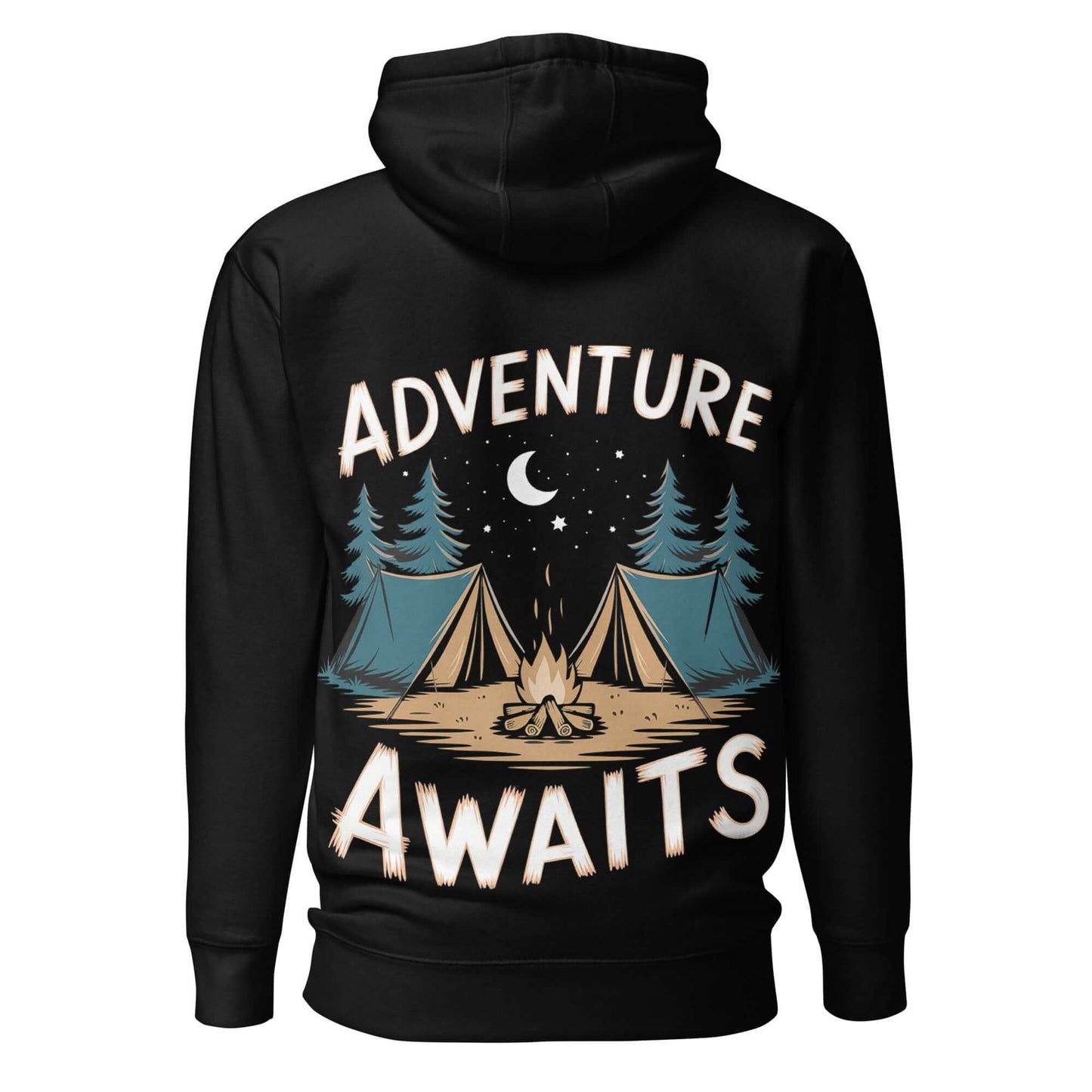 Black Adult Unisex Hoodie with 'Adventure Awaits' graphic, featuring tents and trees, perfect for camping enthusiasts.