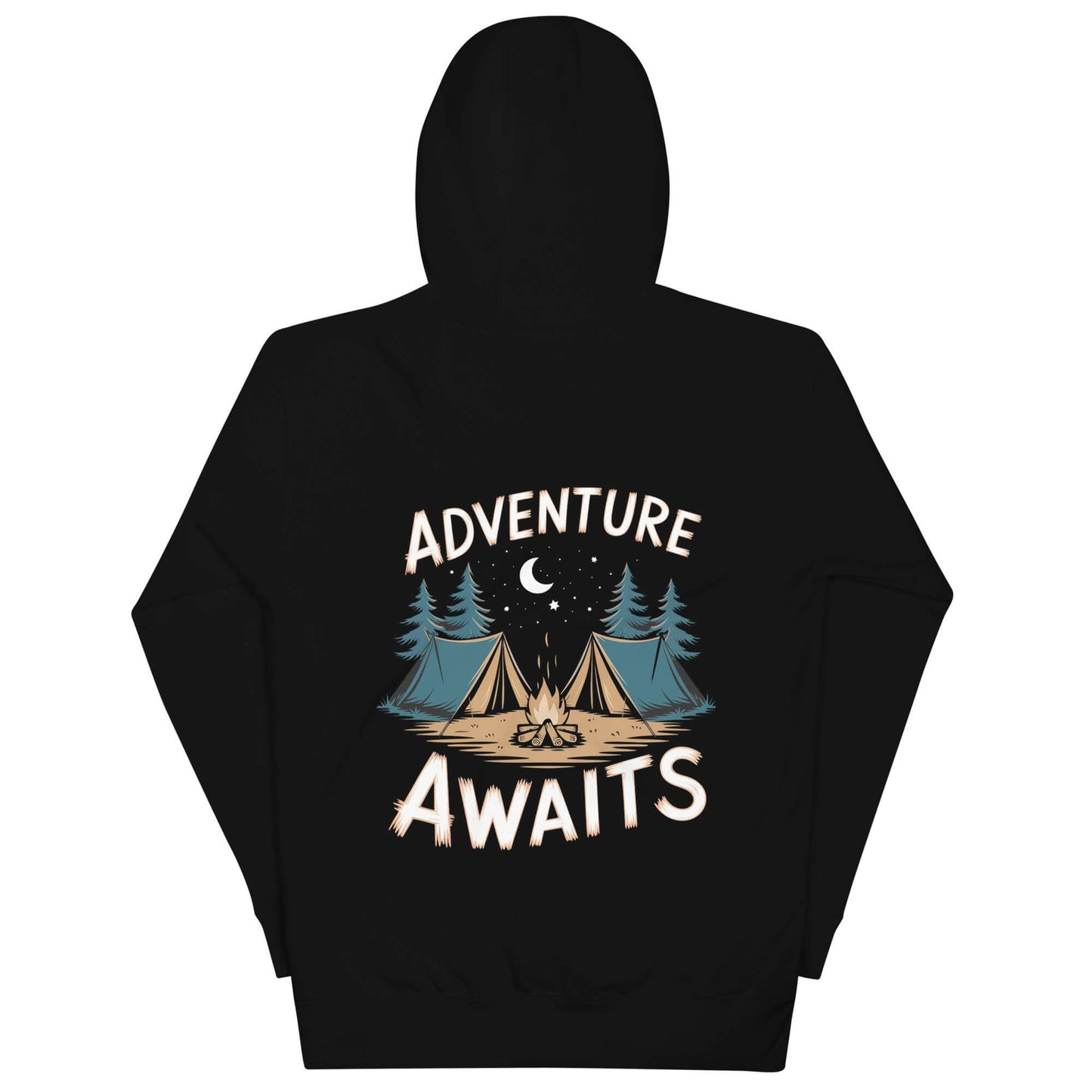Adult unisex hoodie with camping design featuring text 'Adventure Awaits' and graphic of tents and trees.