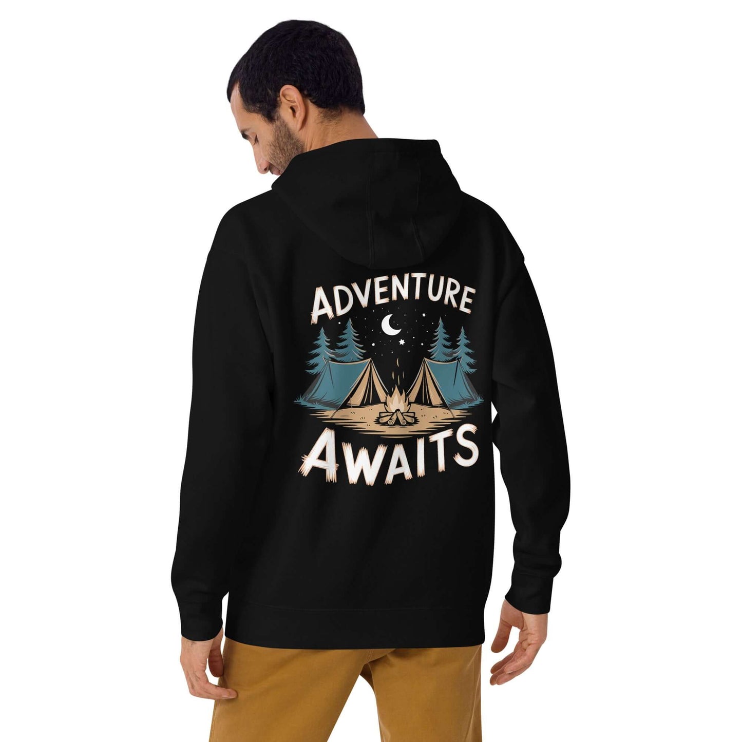 Adult unisex hoodie featuring 'Adventure Awaits' design with camping tents and trees, perfect for outdoor enthusiasts.