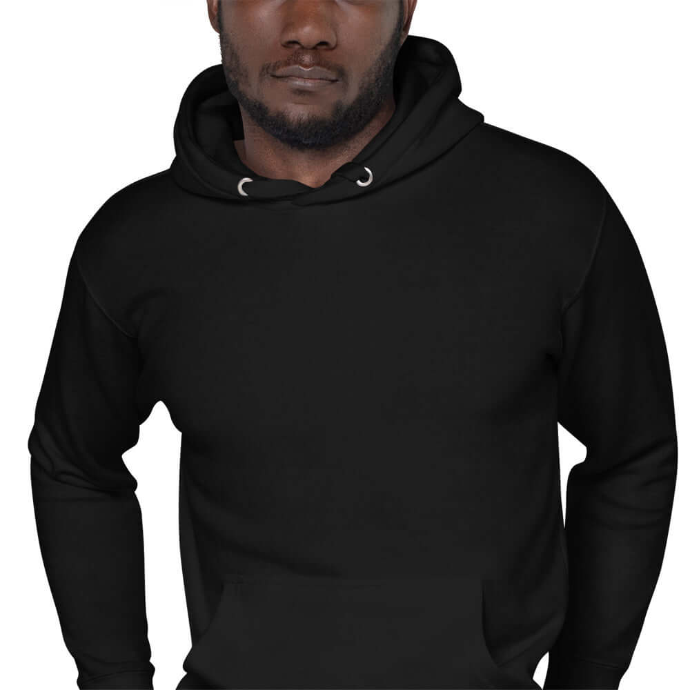 Adult unisex black hoodie, soft fabric, streetwear style, perfect for everyday wear and camping.