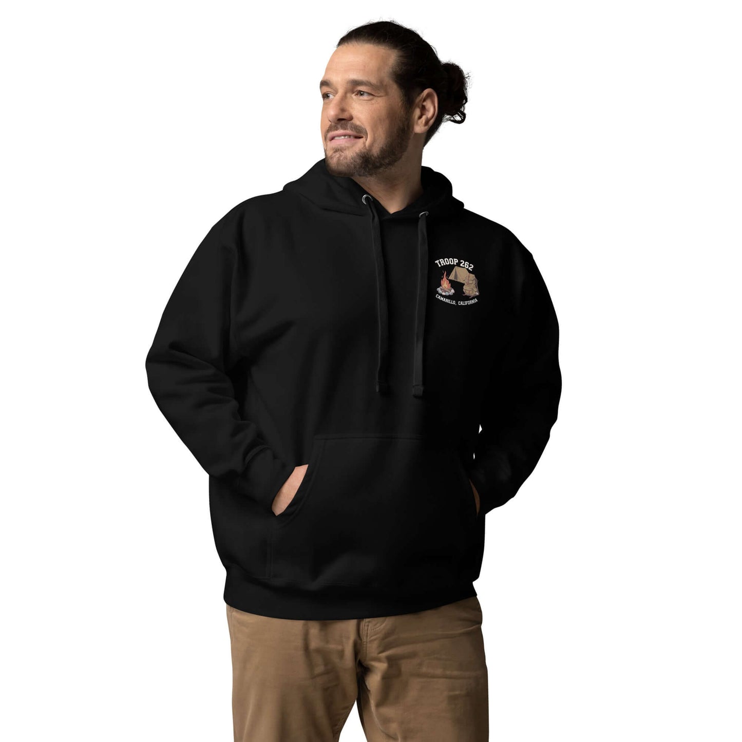 Adult unisex black hoodie featuring Troop 262 logo, perfect for camping and everyday wear.