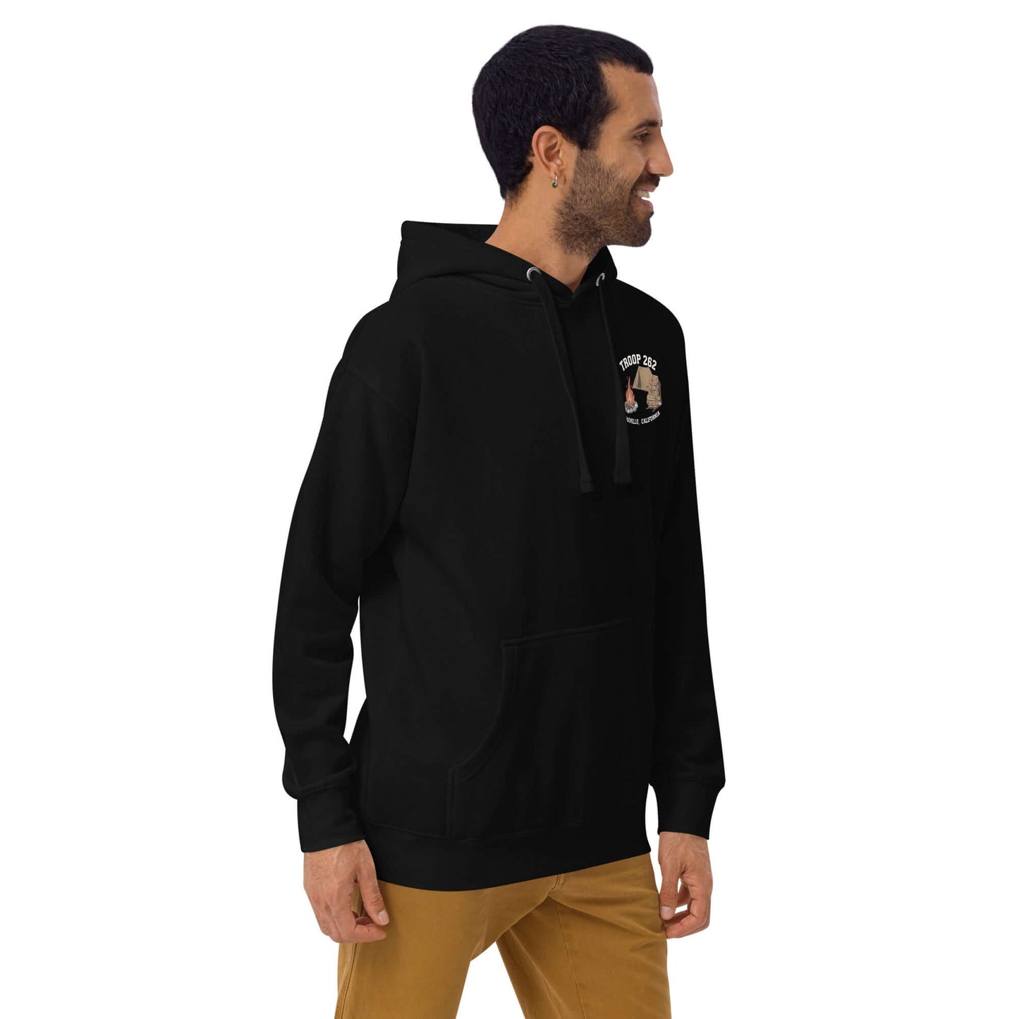 Adult unisex black hoodie with Troop 262 design, perfect for camping and everyday wear.
