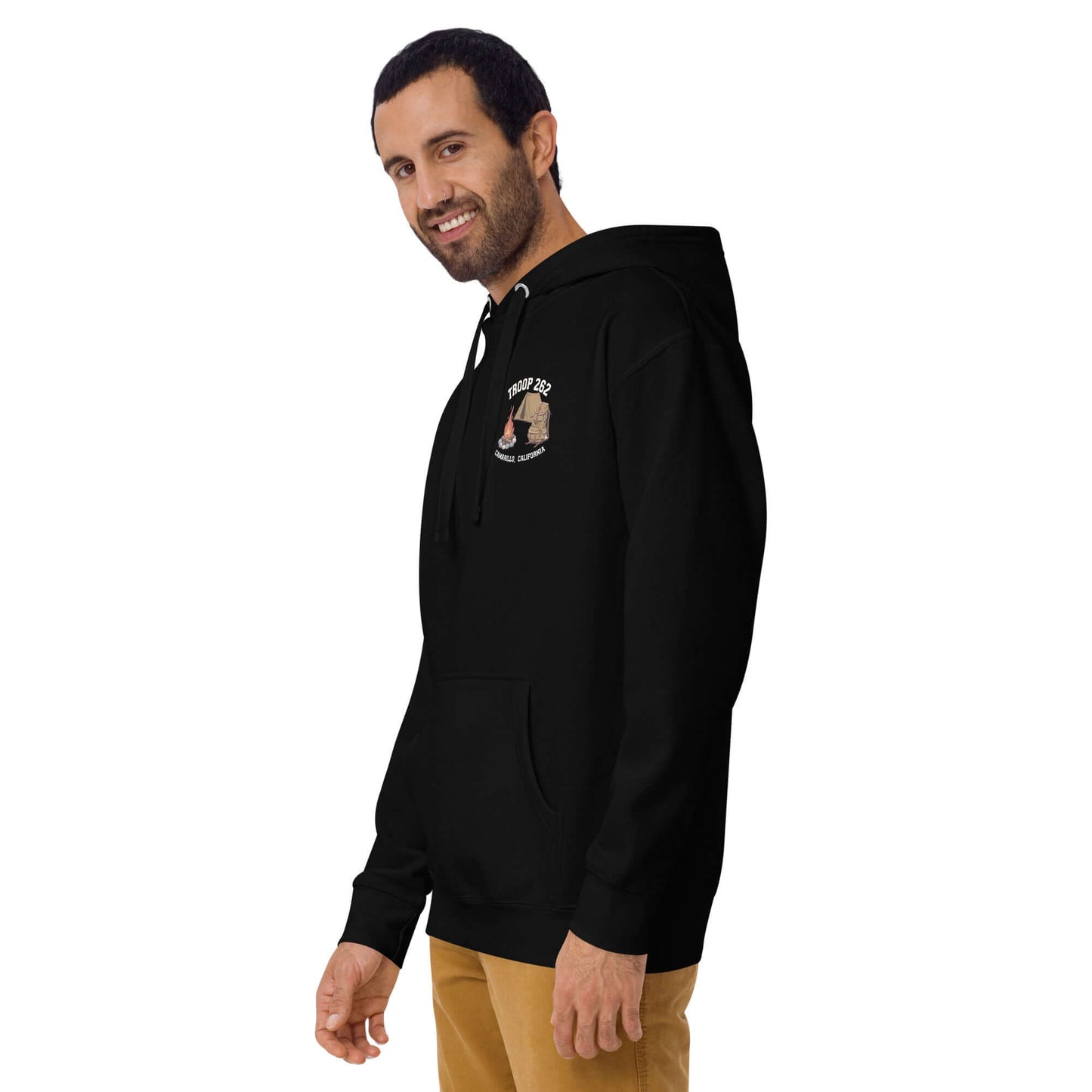 Adult Unisex Hoodie in black featuring Troop 262 logo, perfect for camping and everyday casual wear.