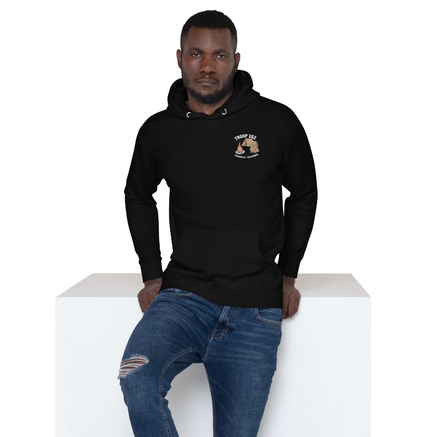 Adult unisex hoodie in black featuring Troop 262 logo, perfect for camping and everyday wear.