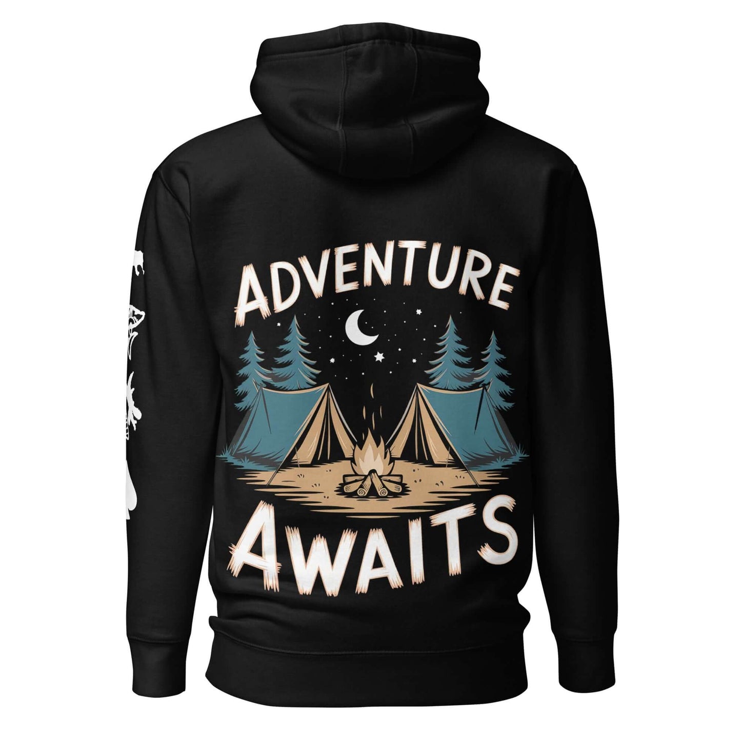 Adult unisex hoodie featuring 'Adventure Awaits' graphic with tents and campfire for outdoor enthusiasts.