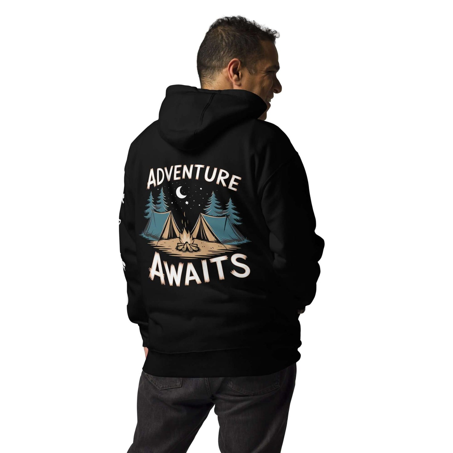 Adult unisex hoodie showcasing adventure awaits design with camping tents and trees, perfect for outdoor enthusiasts.