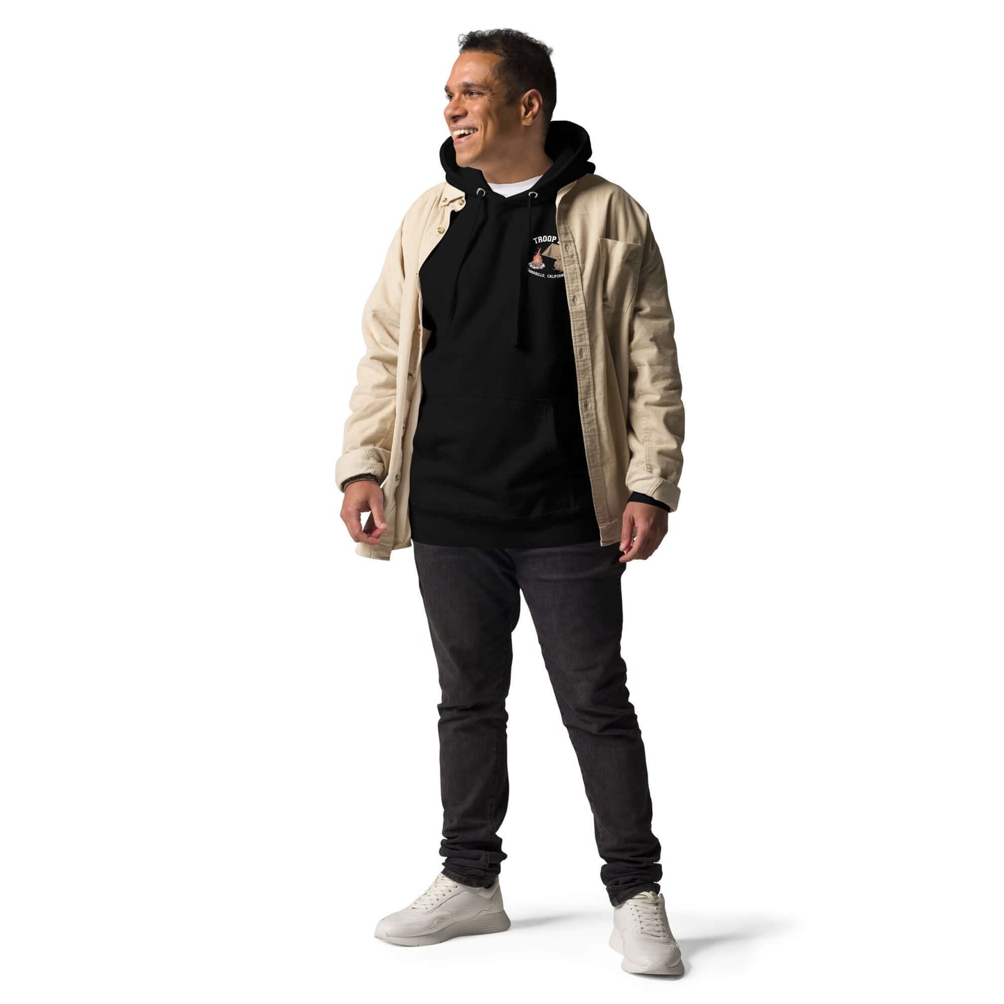 Adult unisex hoodie featuring Troop 262 design, worn with stylish cream jacket and jeans, perfect for outdoor activities.