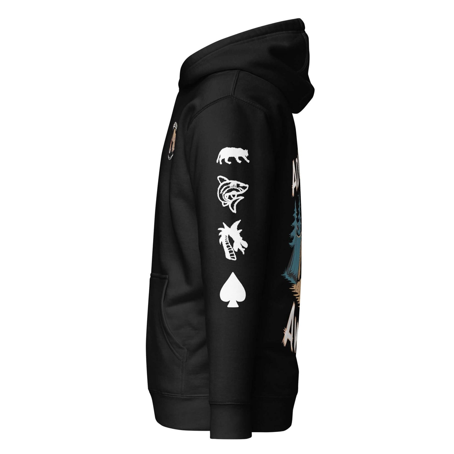 Side view of Adult Unisex Camping Ultimate Edition Hoodie featuring Scouting America Troop 262 designs and icons.