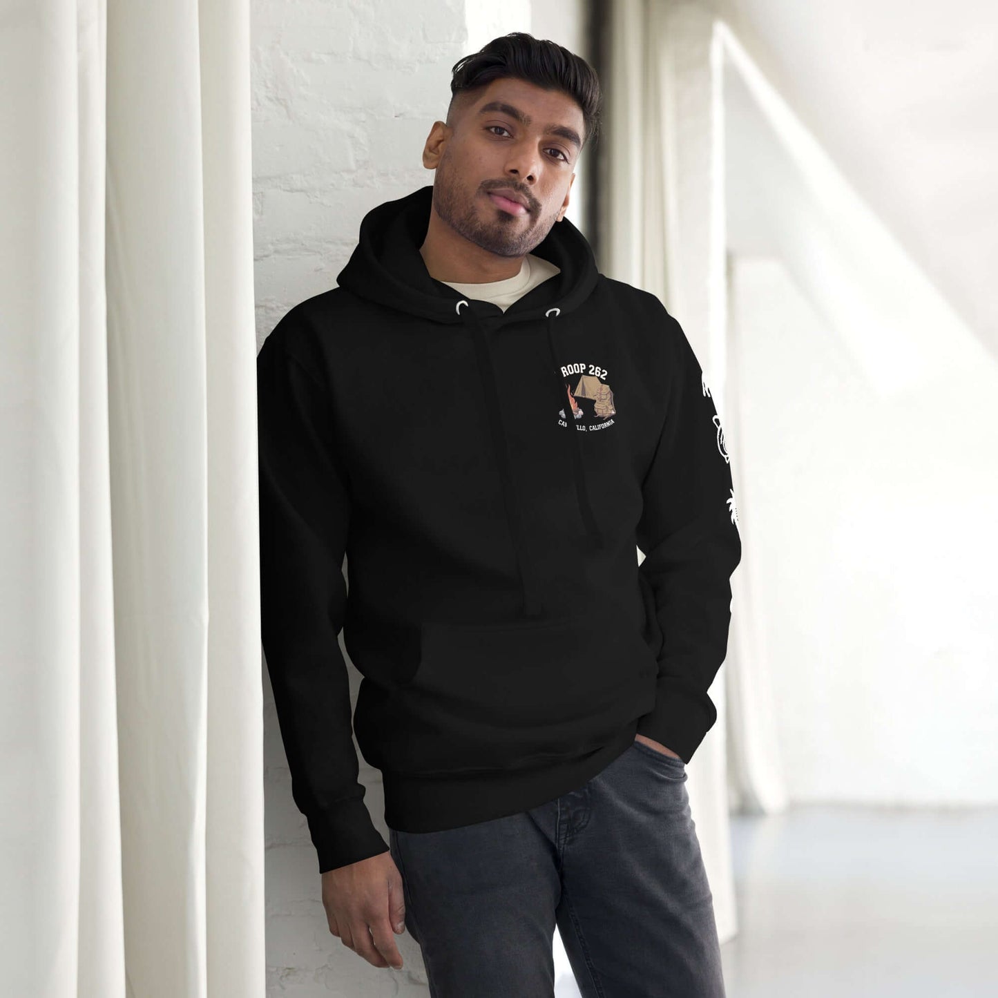 Adult unisex black hoodie featuring Scouting America Troop 262 logo, perfect for camping and everyday wear.