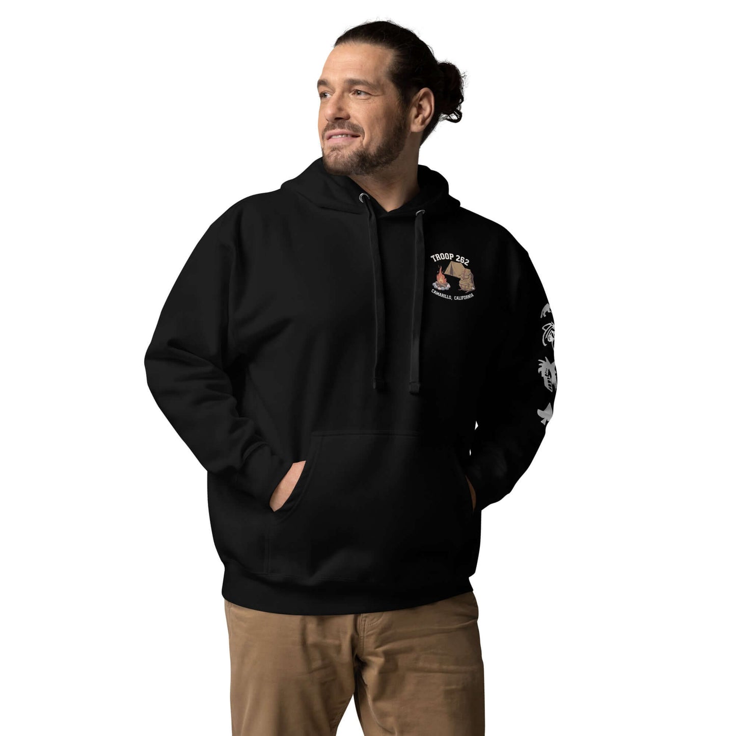 Adult unisex hoodie in black featuring Troop 262 logo, perfect for camping and everyday wear.