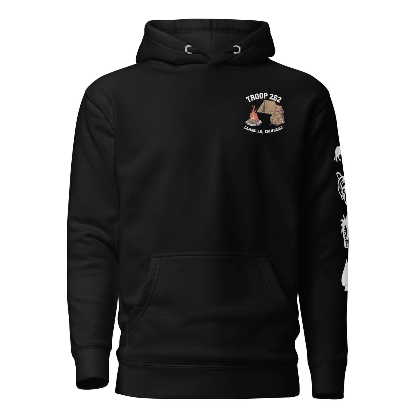 Adult unisex hoodie featuring Troop 262 emblem, perfect for camping and everyday wear.