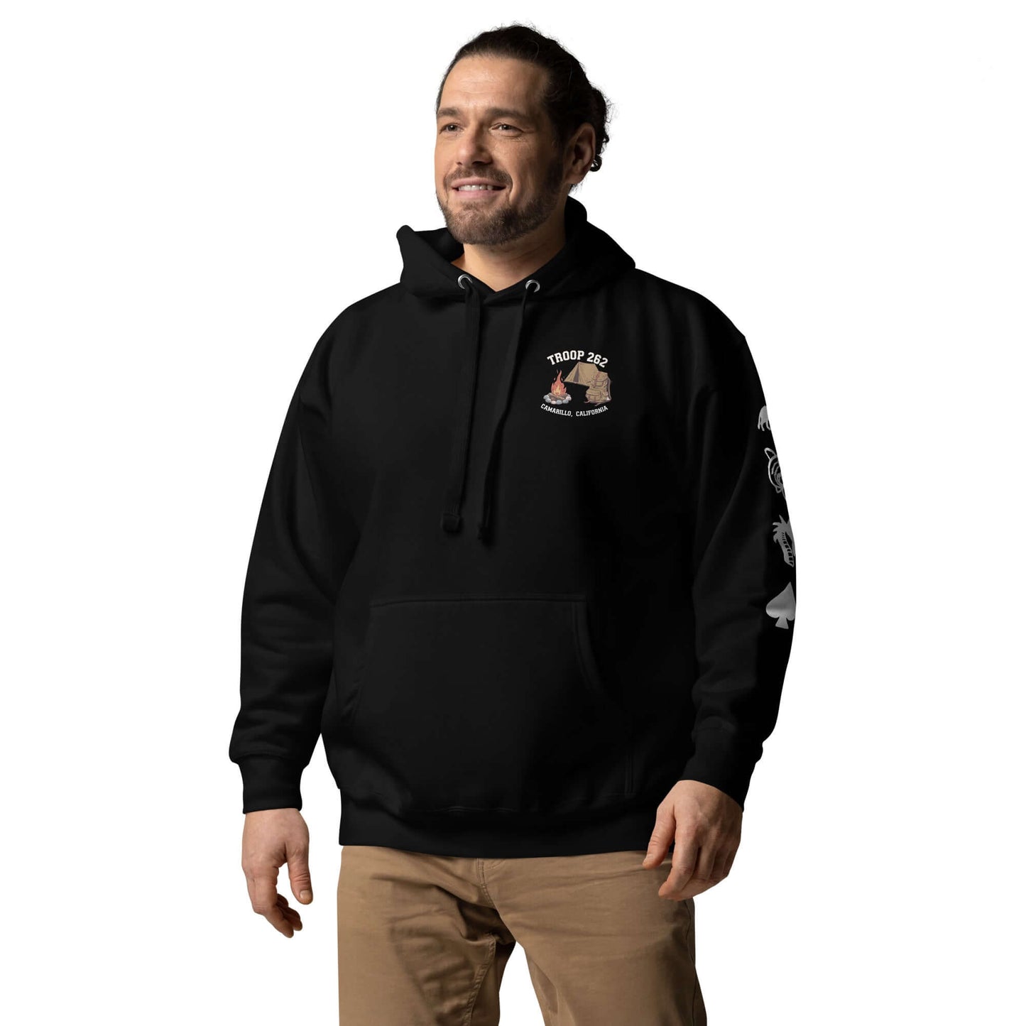 Adult unisex hoodie featuring Troop 262 logo, perfect for camping and casual wear.