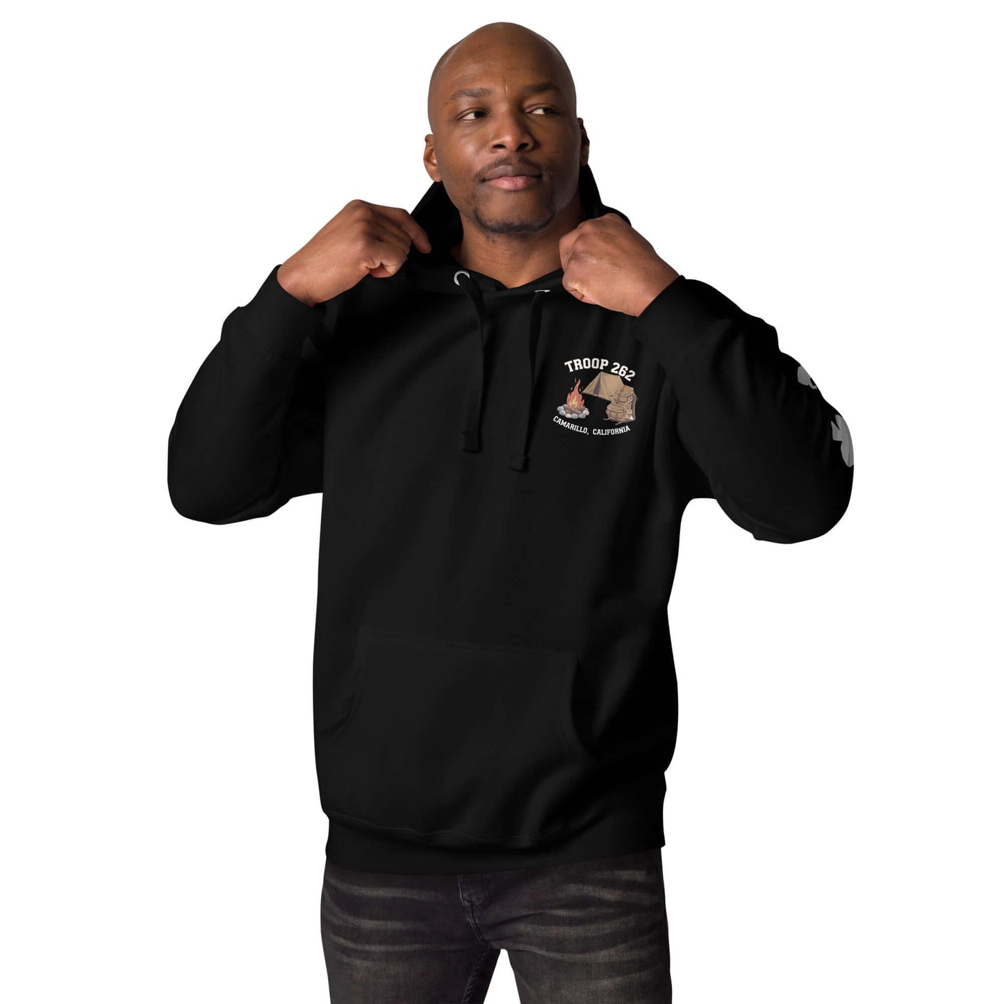 Man wearing black Adult Unisex Hoodie – Camping Ultimate Edition with Troop 262 logo, great for everyday wear.