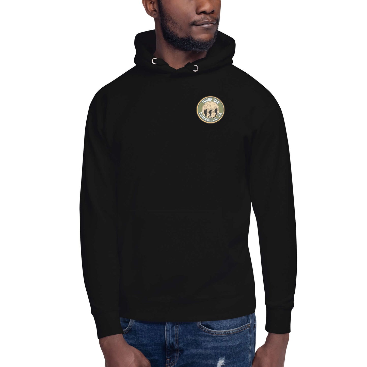 Adult unisex black hoodie featuring a stylish logo, perfect for comfort during outdoor adventures.