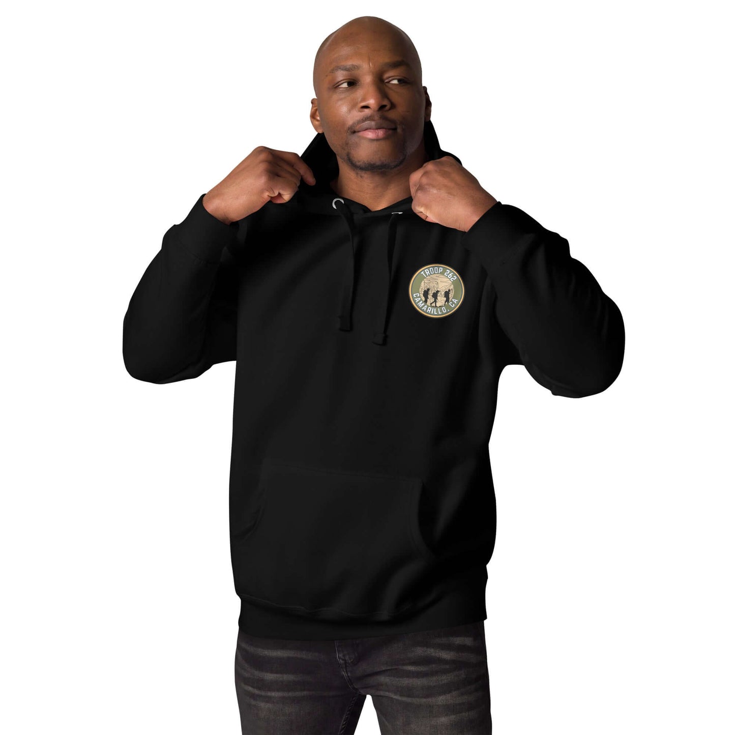 Adult Unisex Hoodie in black, featuring a front pouch pocket and logo, perfect for comfort and outdoor activities.