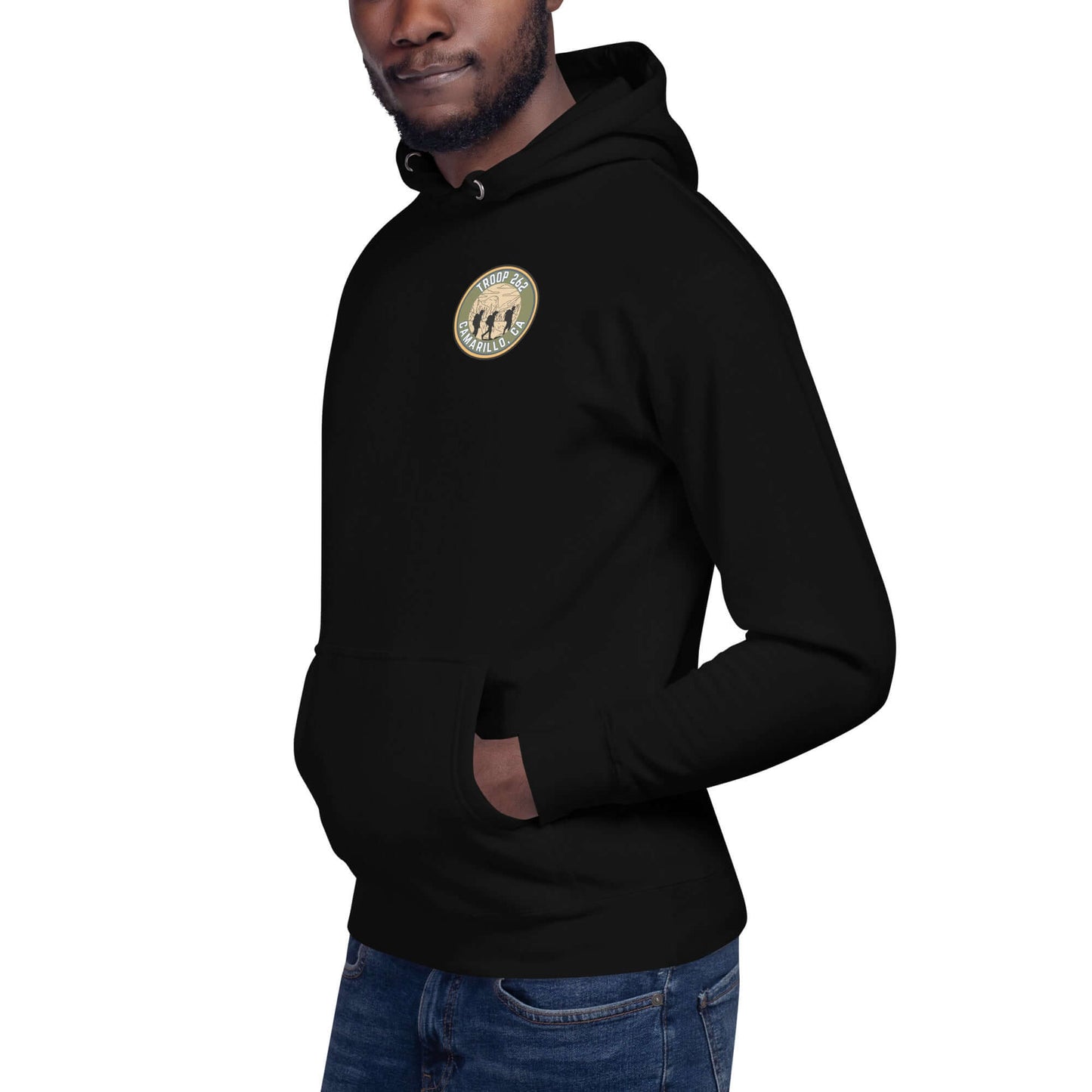 Adult unisex black hoodie with logo, featuring front pouch pocket and cozy design, perfect for outdoor adventures.
