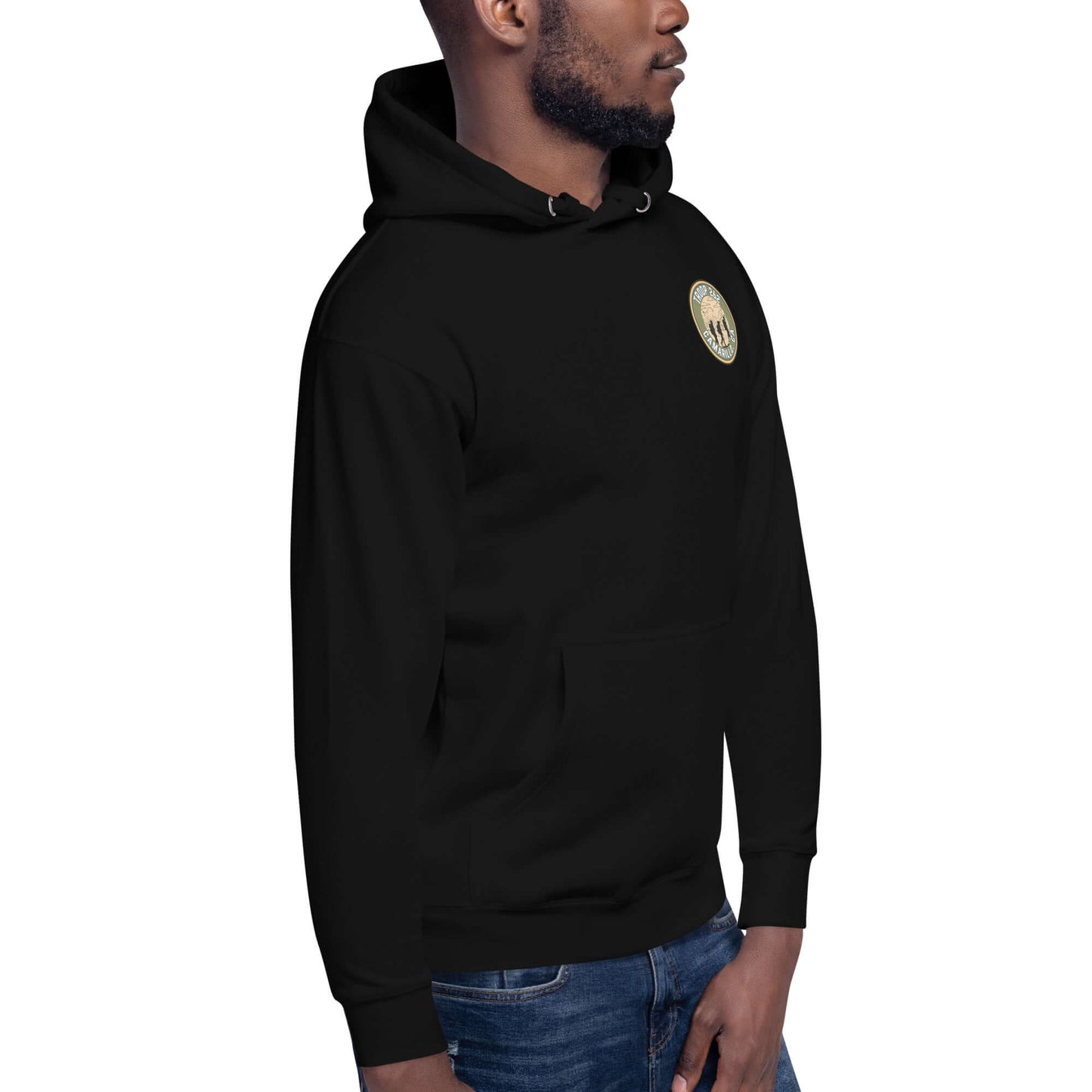 Adult unisex black hoodie with front pouch pocket and logo, perfect for casual and outdoor wear.