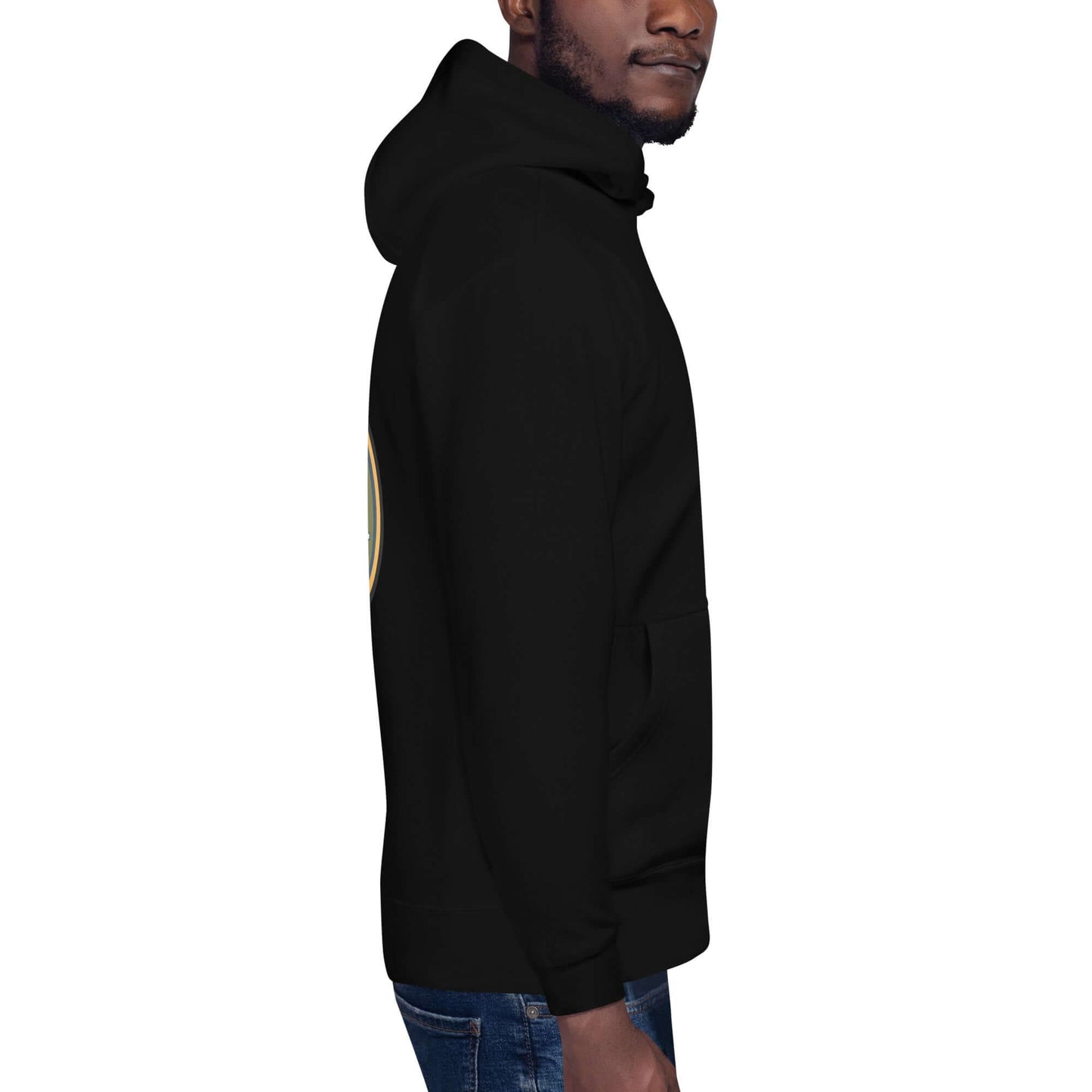 Side view of an adult unisex black hoodie featuring a front pouch pocket and comfortable fit, ideal for outdoor activities.