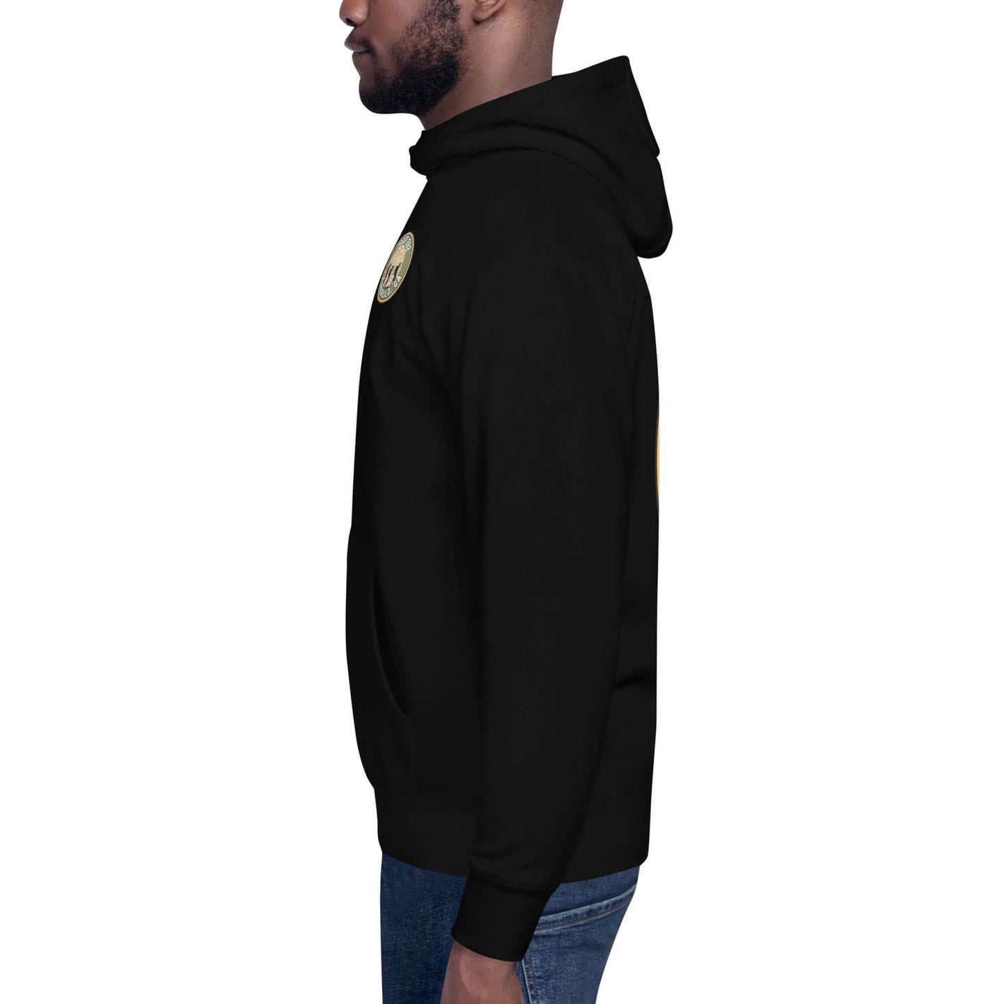 Side view of the Adult Unisex Hoodie – Double Hiking Edition, featuring a cozy black design and front pouch pocket.