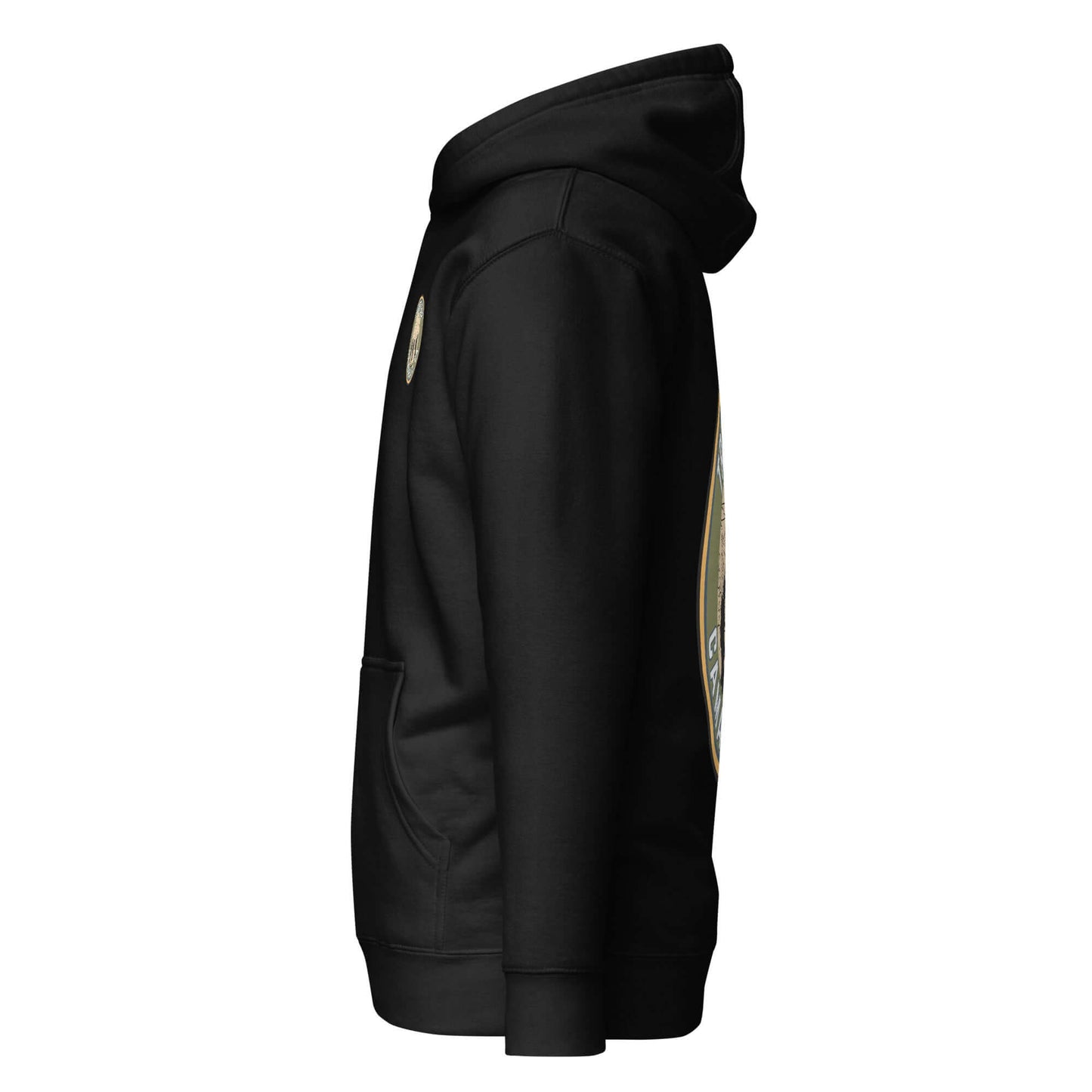 Adult unisex hoodie in black, featuring a front pouch pocket and logo design, ideal for outdoor wear and casual style.