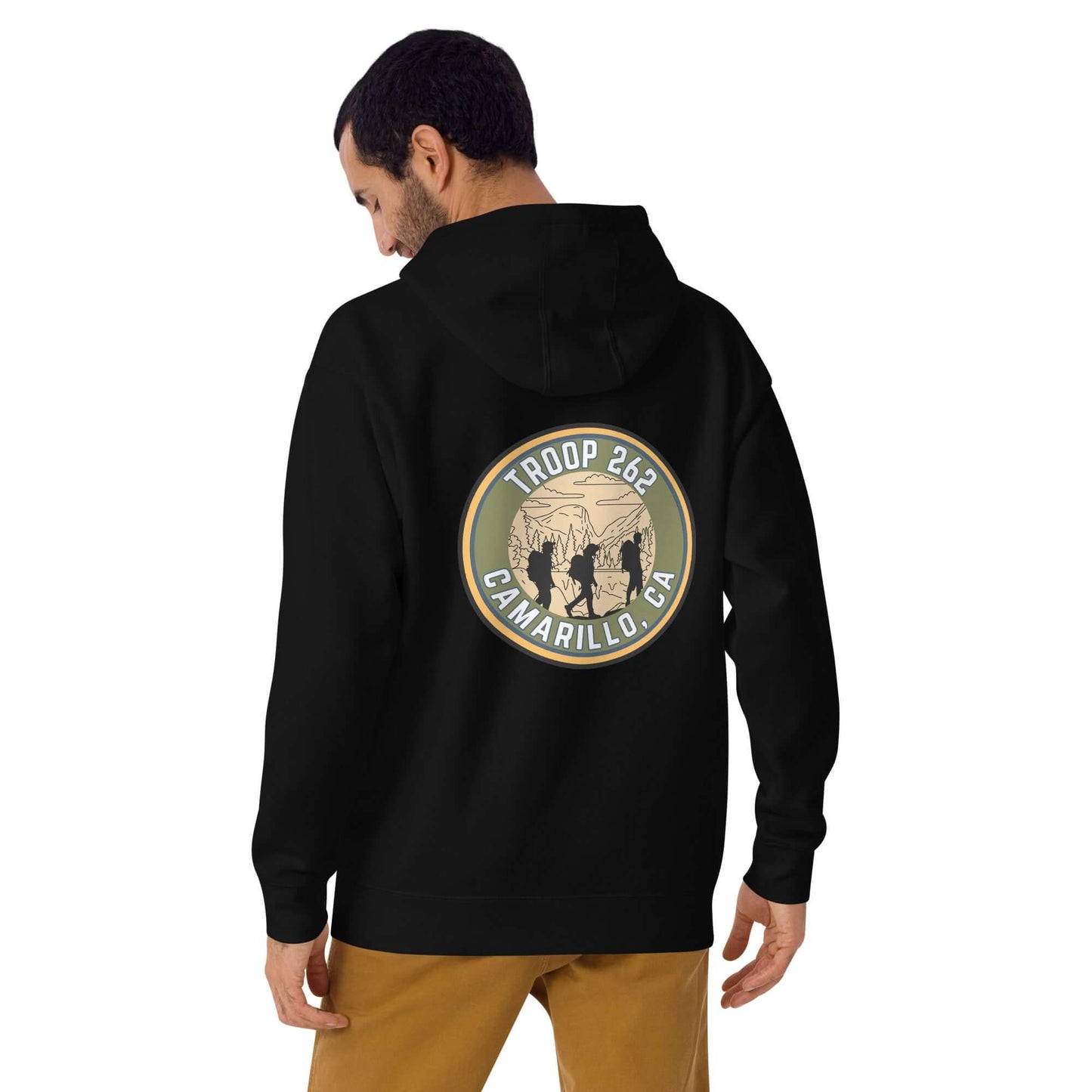 Adult unisex black hoodie featuring Troop 262 Camarillo, perfect for hiking and casual wear.
