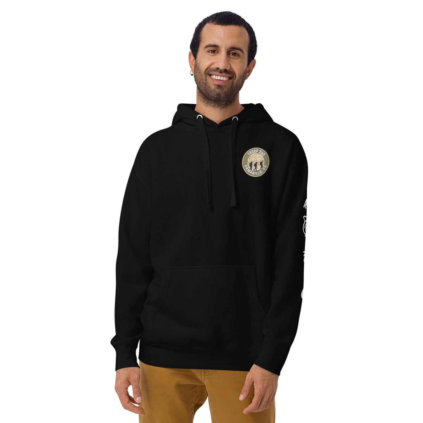 Adult unisex black hoodie with front pouch pocket and logo, perfect for hiking and casual wear.